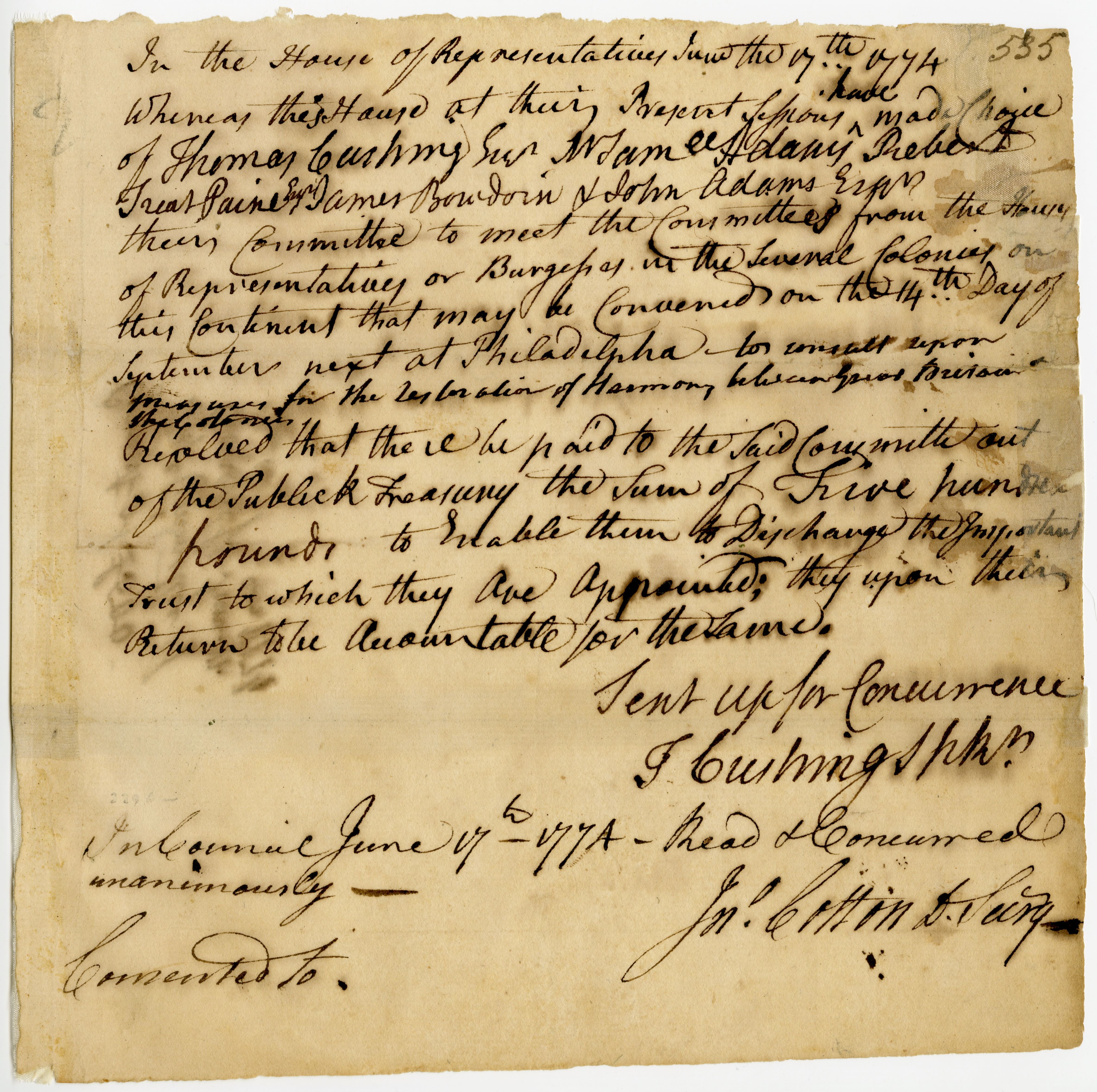 Resolve electing several well-known figures as a committee to meet committees from several other colonies at Philadelphia to consider measures to restore harmony between the colonies and Great Britain