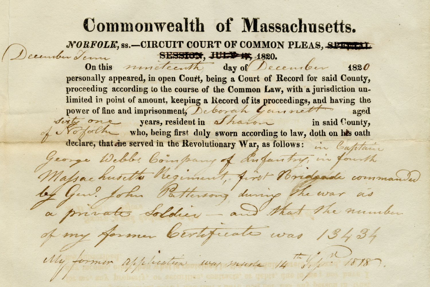 Pension application from Deborah Sampson Gannett (Disguised herself as a man and served in the Continental Army during the Revolutionary War)