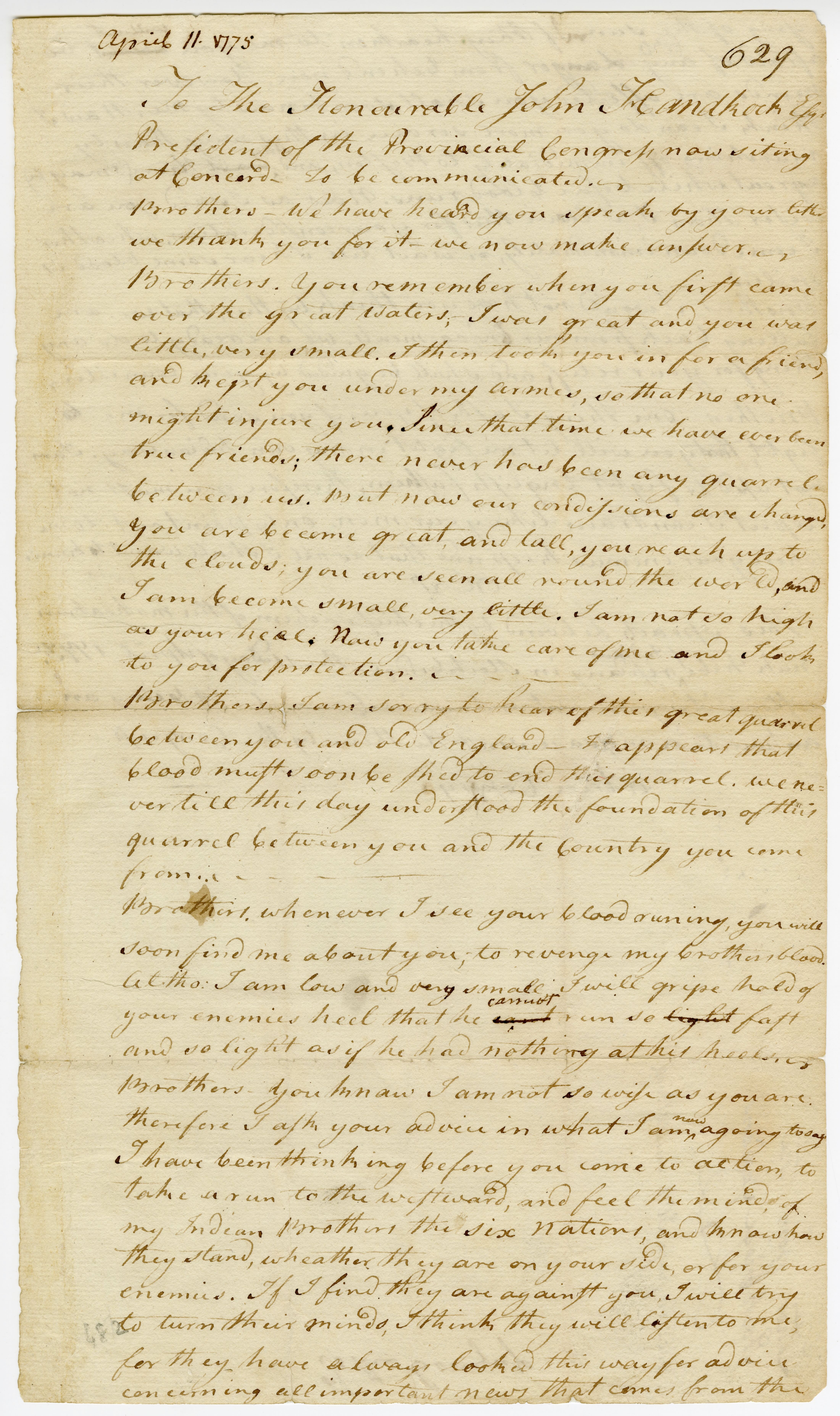 Speech from the Sachem of the Stockbridge Indians in answer to the request that they should enlist in the army, pledging their commitment and support to the Massachusetts cause