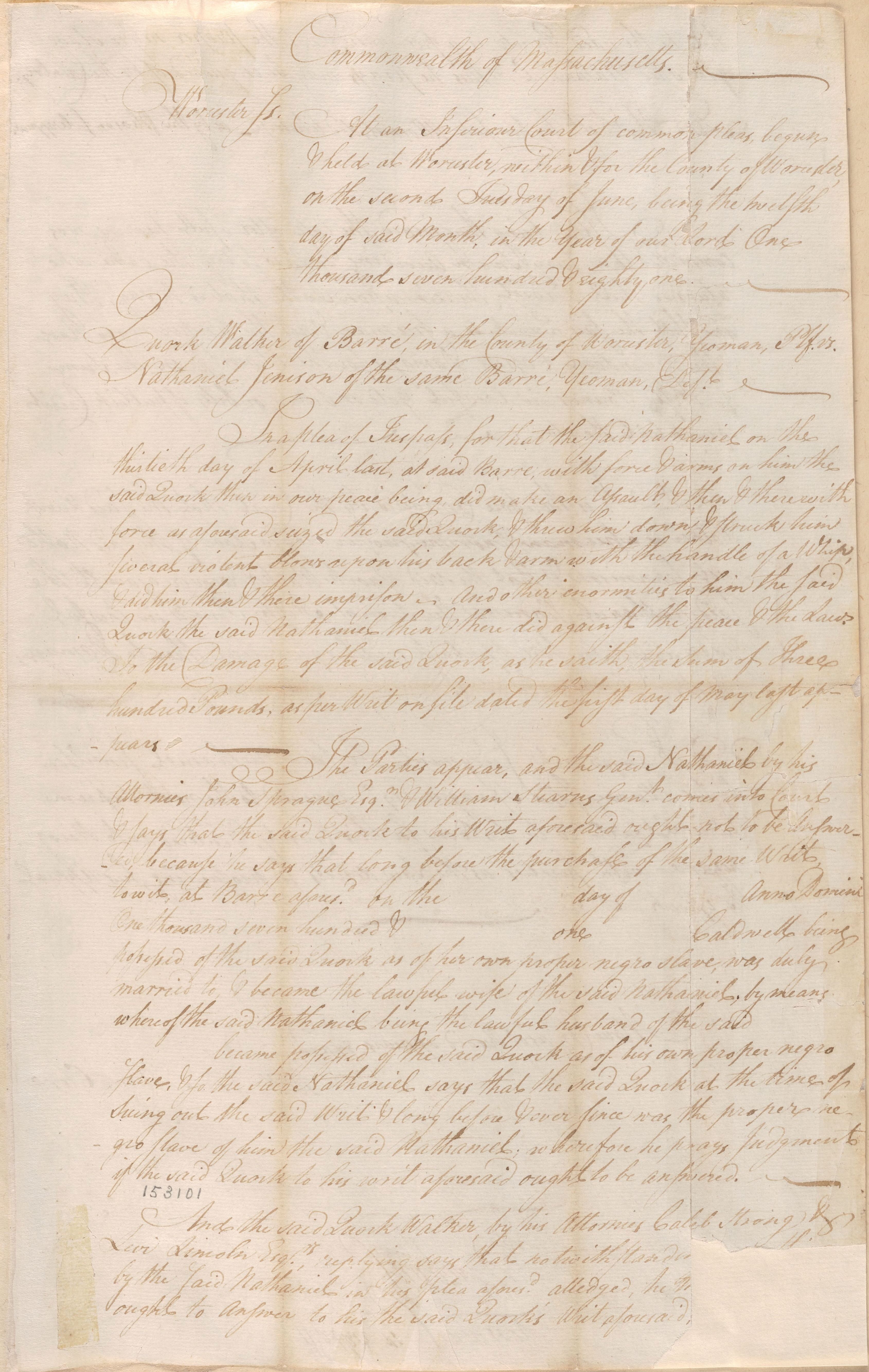 Walker v. Jennison (Quock Walker case) Writ, Answer, and Judgement