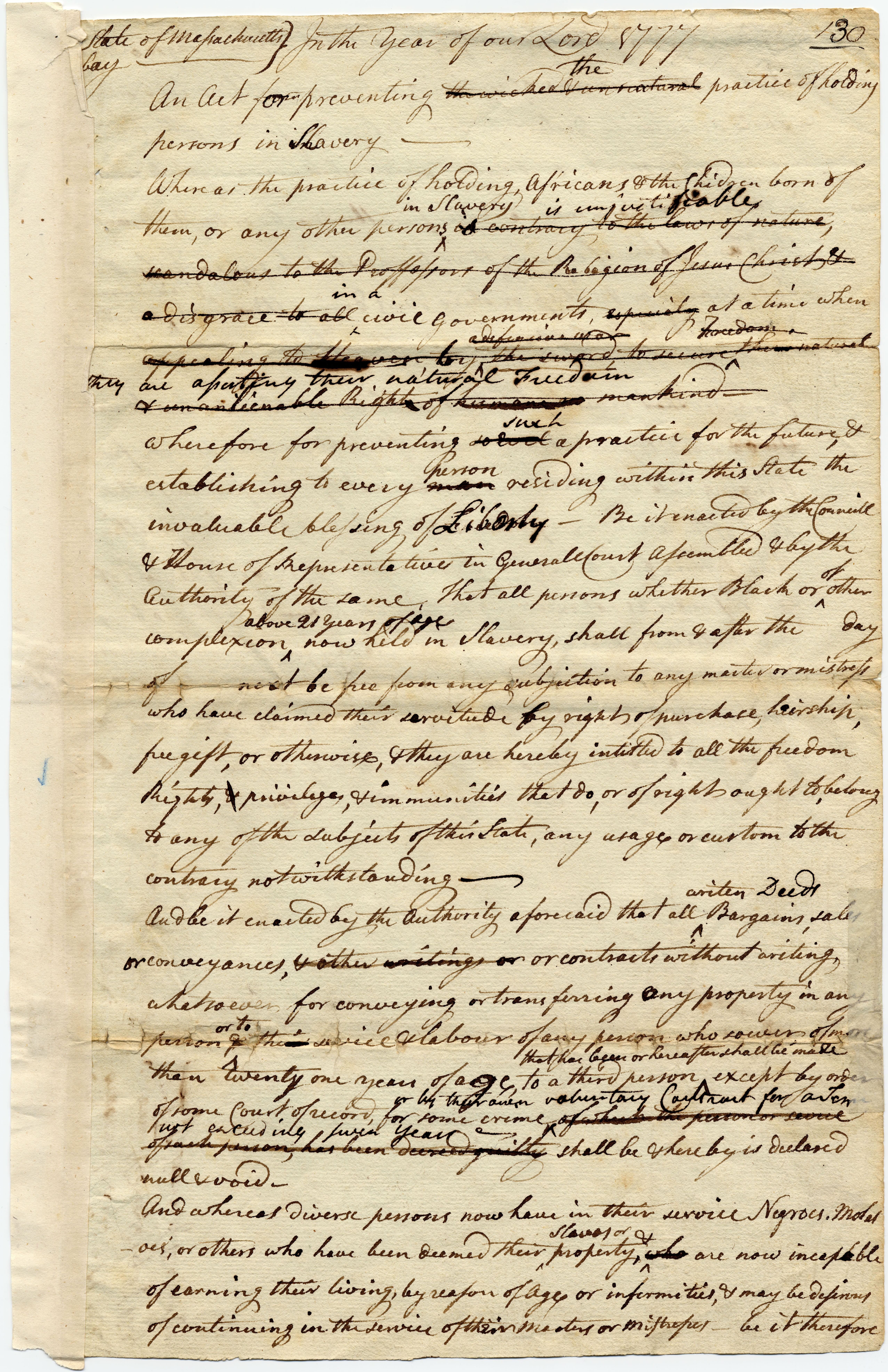 Petition to the Massachusetts legislature from Prince Hall and “a great number of Negroes who are detained in a state of slavery in the Bowels of a free & Christian Country,” asking that slavery be abolished in Massachusetts