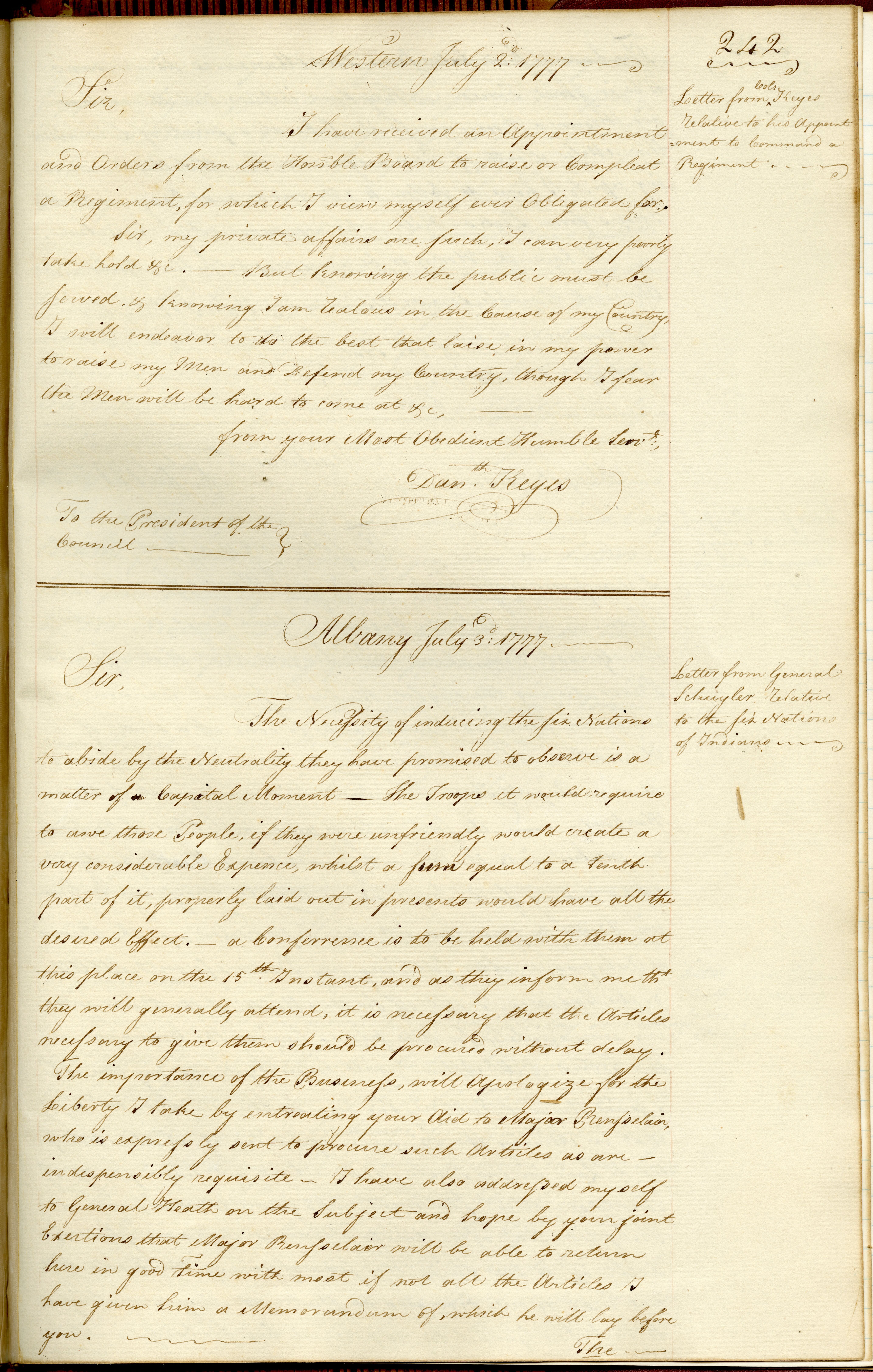 Letter from General Phillip Schuyler to the Massachusetts government on the necessity of convincing the six nations of Indians to remain neutral in the war