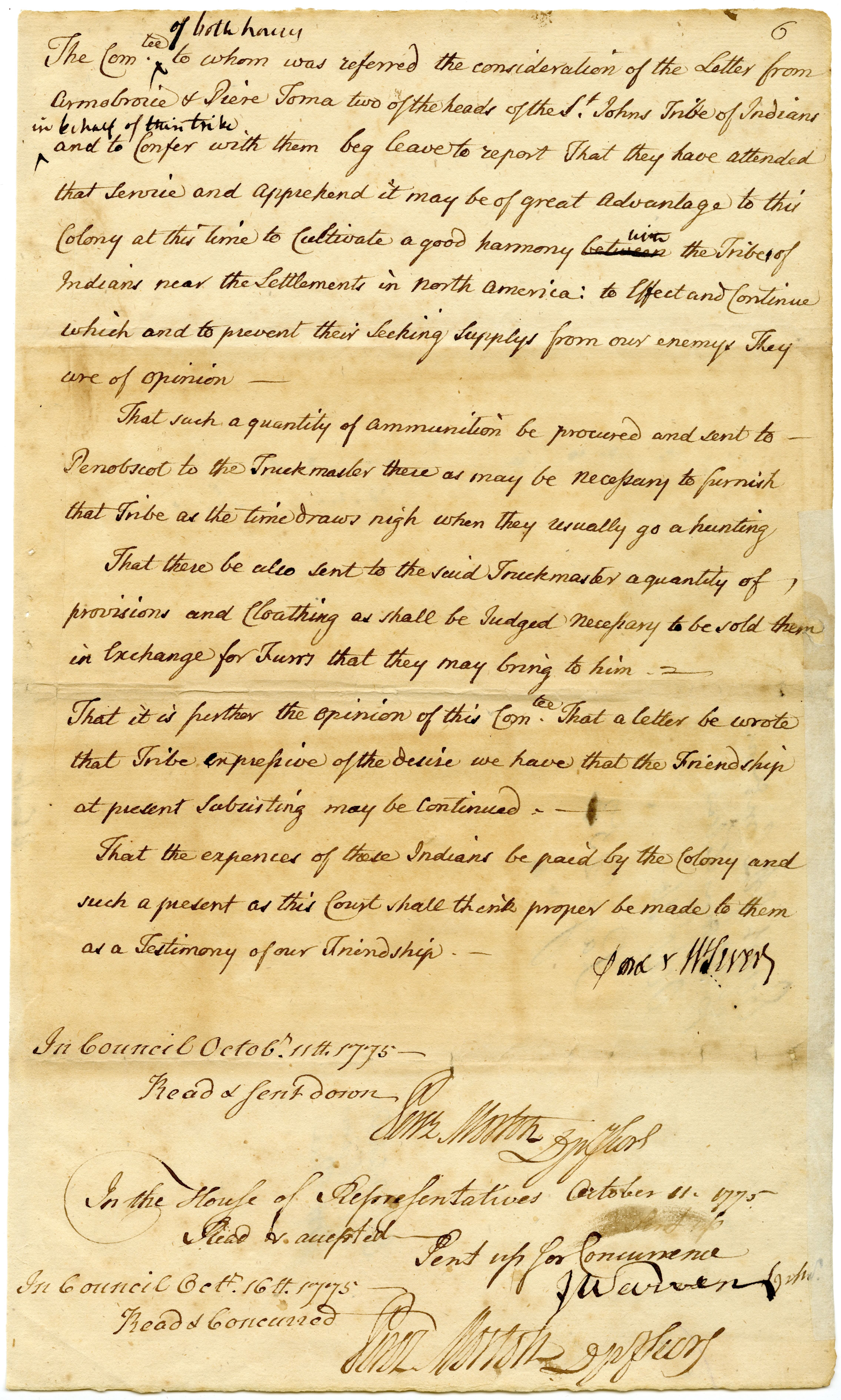 Decree from a committee of the Massachusetts legislature deciding to pursue peace with the Penobscot Indians, and details for gifts to give to the tribe in order to facilitate a friendship