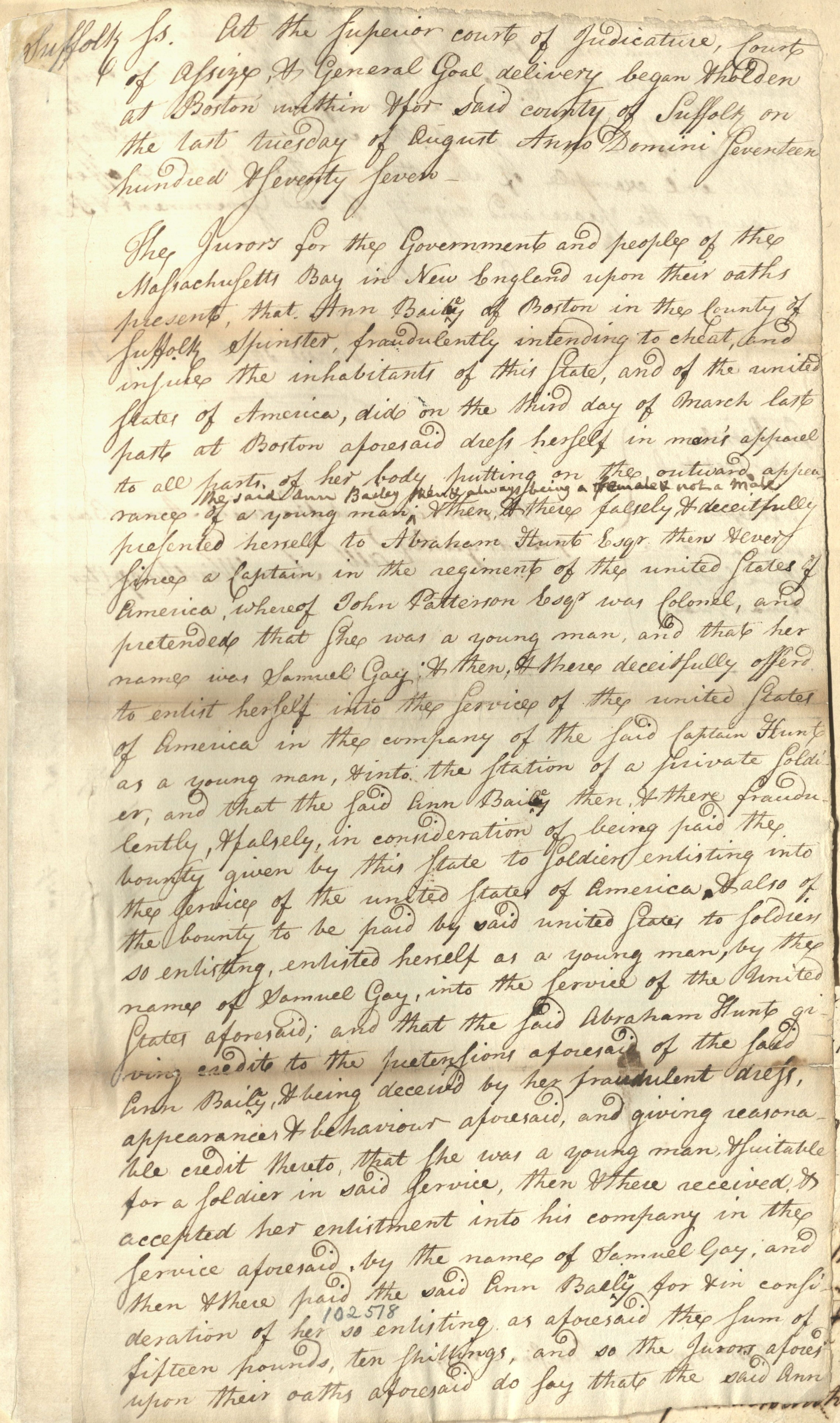 Case of Ann Bailey (Disguised herself as a man and served in the Continental Army during the Revolutionary War)