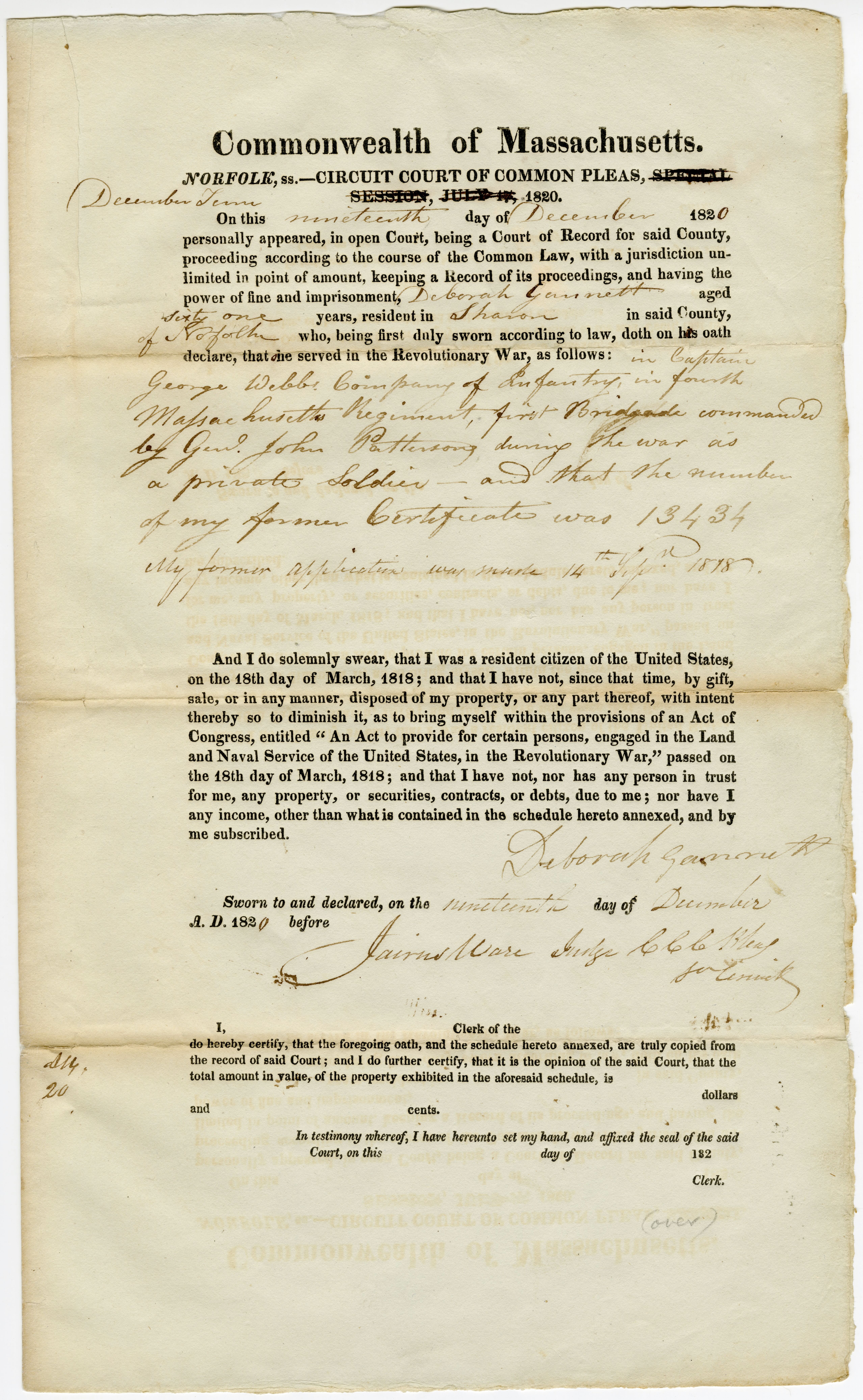 Pension application from Deborah Sampson Gannett (Disguised herself as a man and served in the Continental Army during the Revolutionary War)