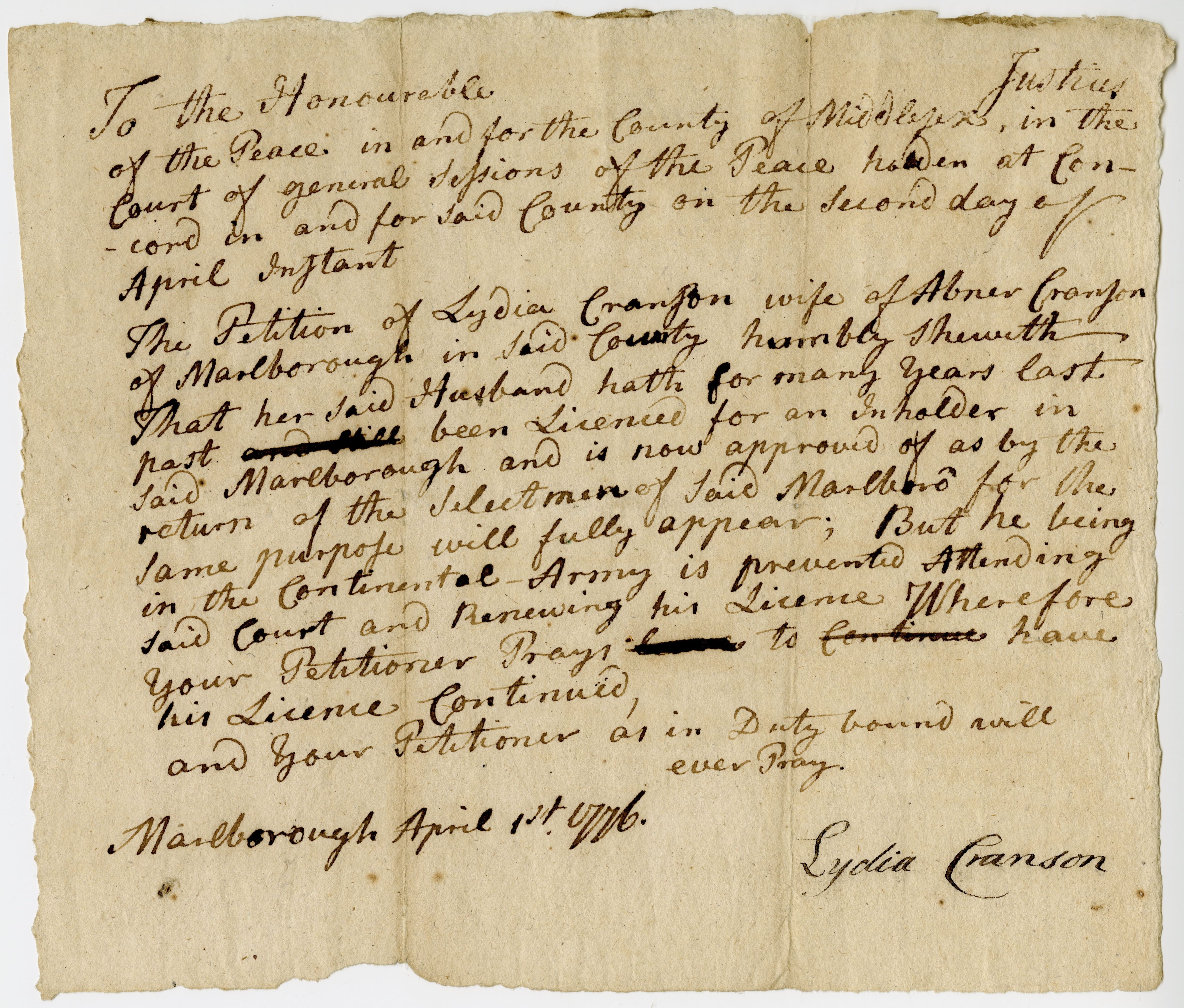 Lydia Cranson's petition to renew her husband's innholder license while he serves in the Continental Army