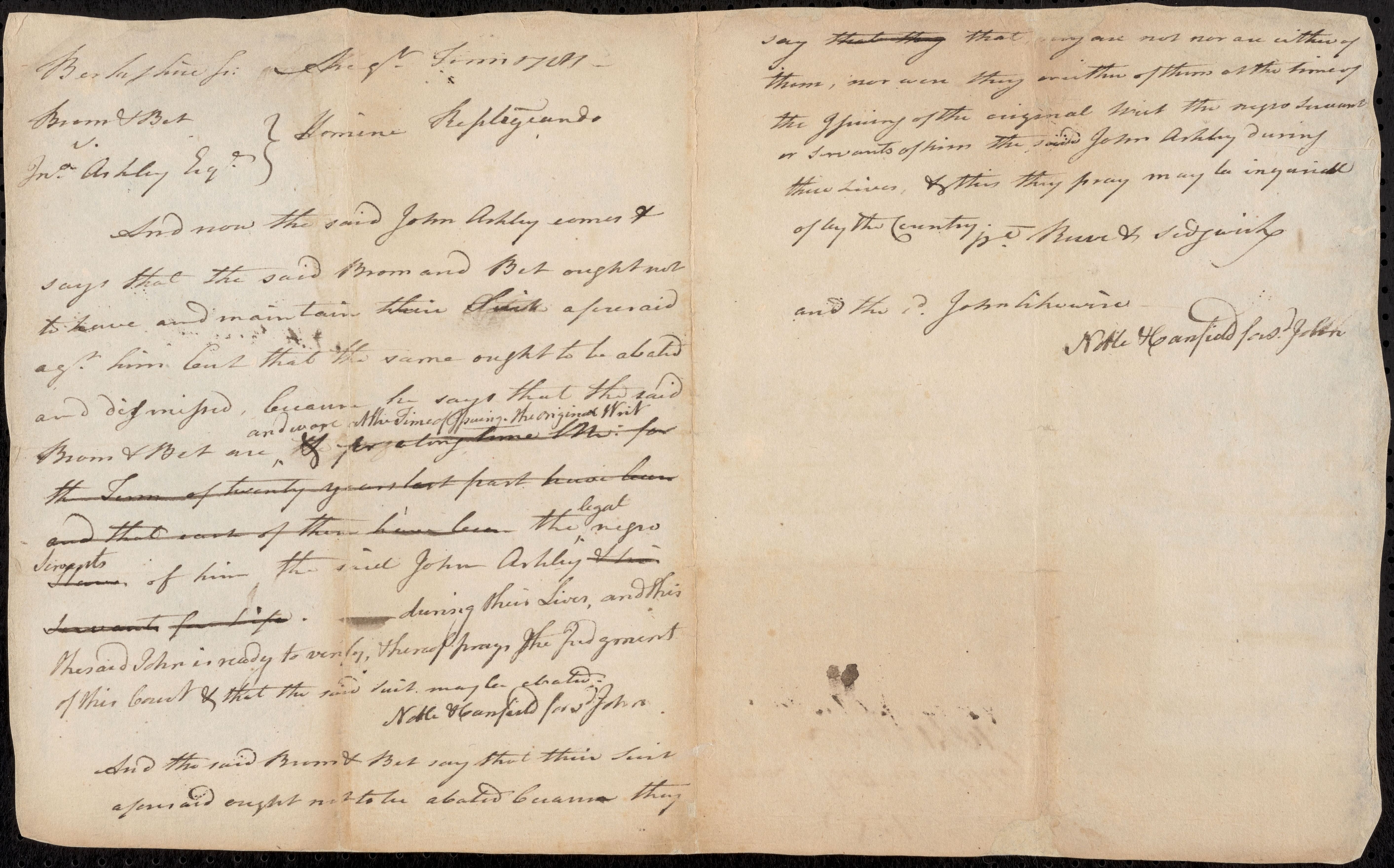 Brom and Bett v. Ashley (Mum Bett/Elizabeth Freeman case) Pleadings