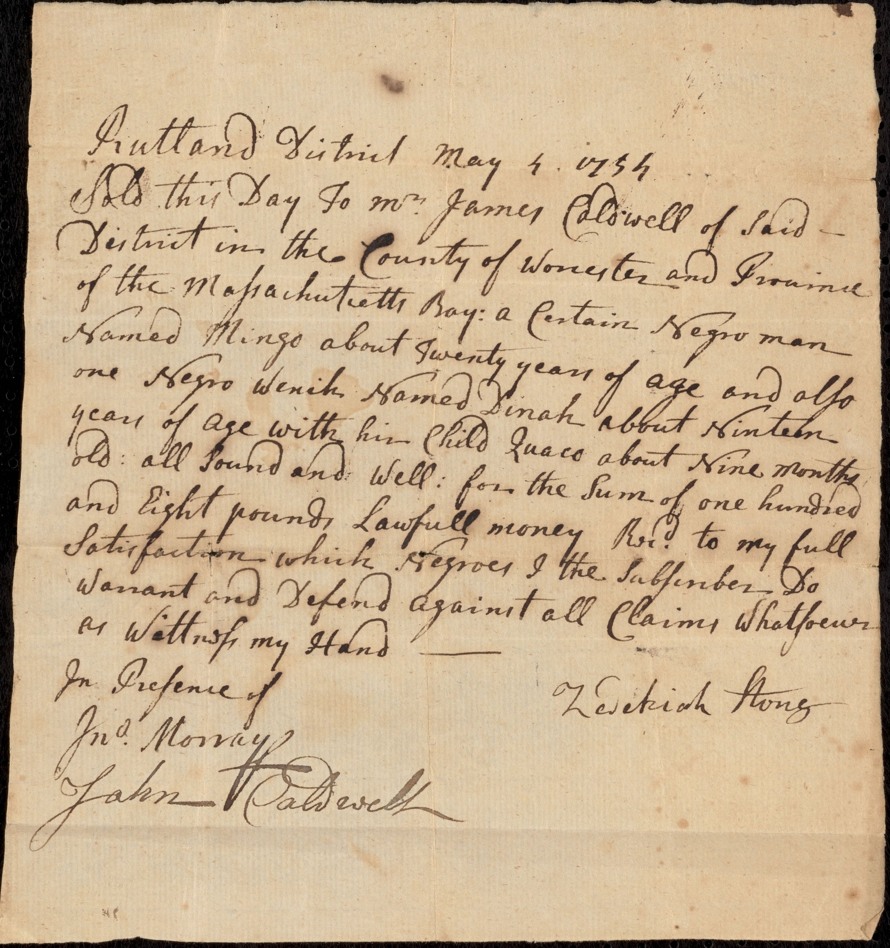 Bill of Sale: Mingo, Dinah, and Quaco (Evidence in Jennison v. Caldwell, Quock Walker case)