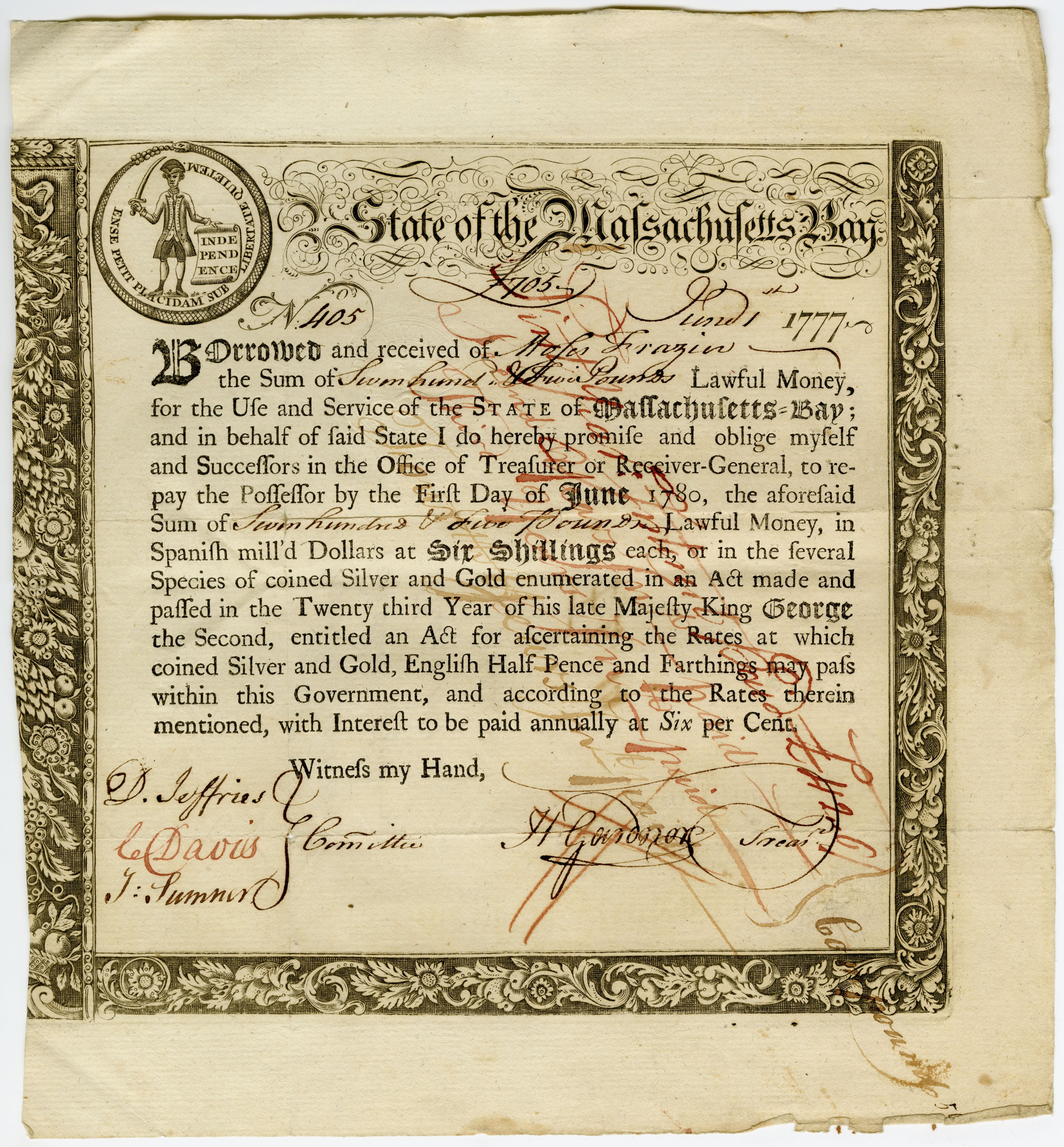 Assorted notes from the State of Massachusetts Bay (later the Commonwealth of Massachusetts)