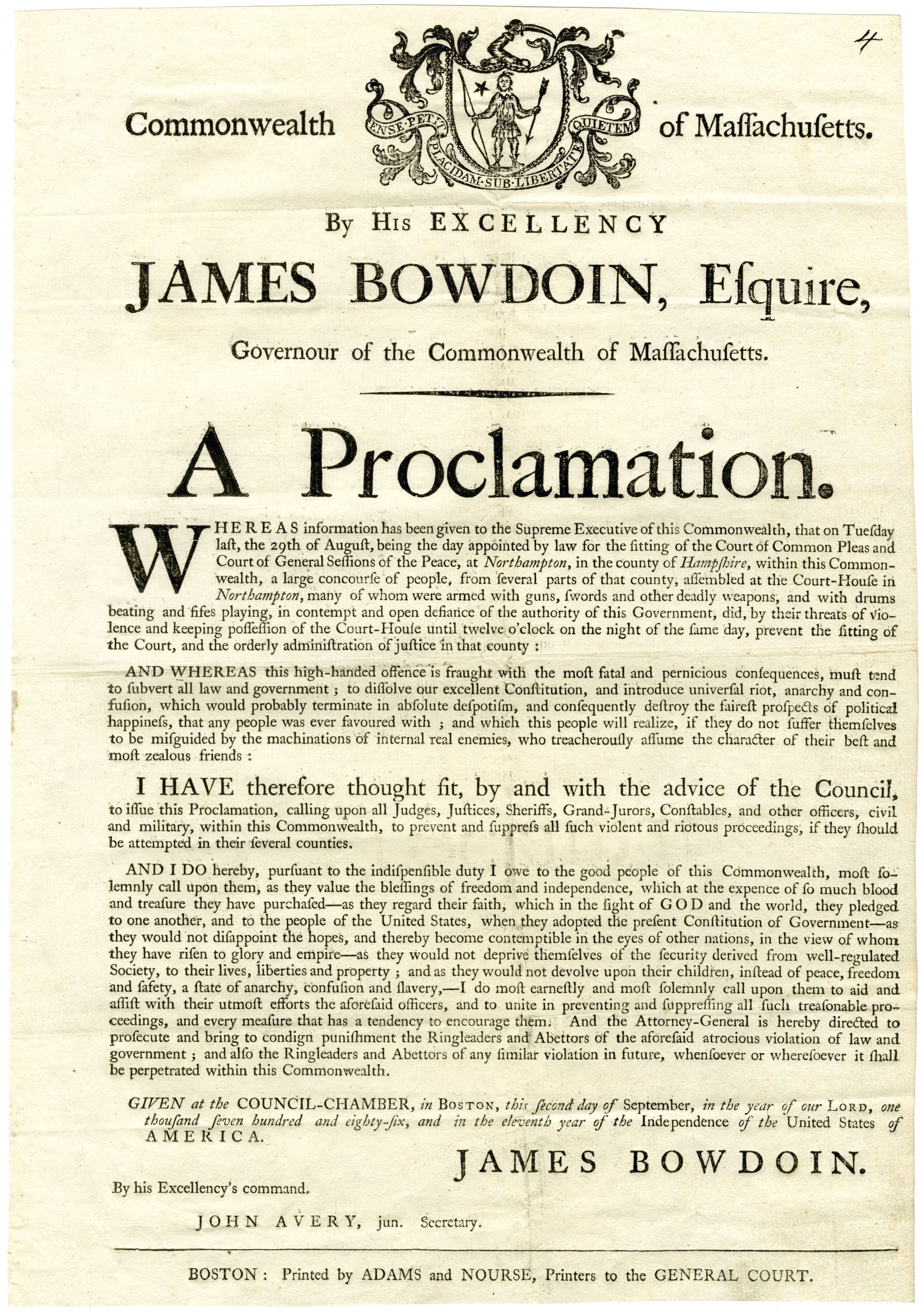 Proclamation of Massachusetts governor James Bowdoin to suppress riots, instigated by disorder at the courthouse in Northampton
