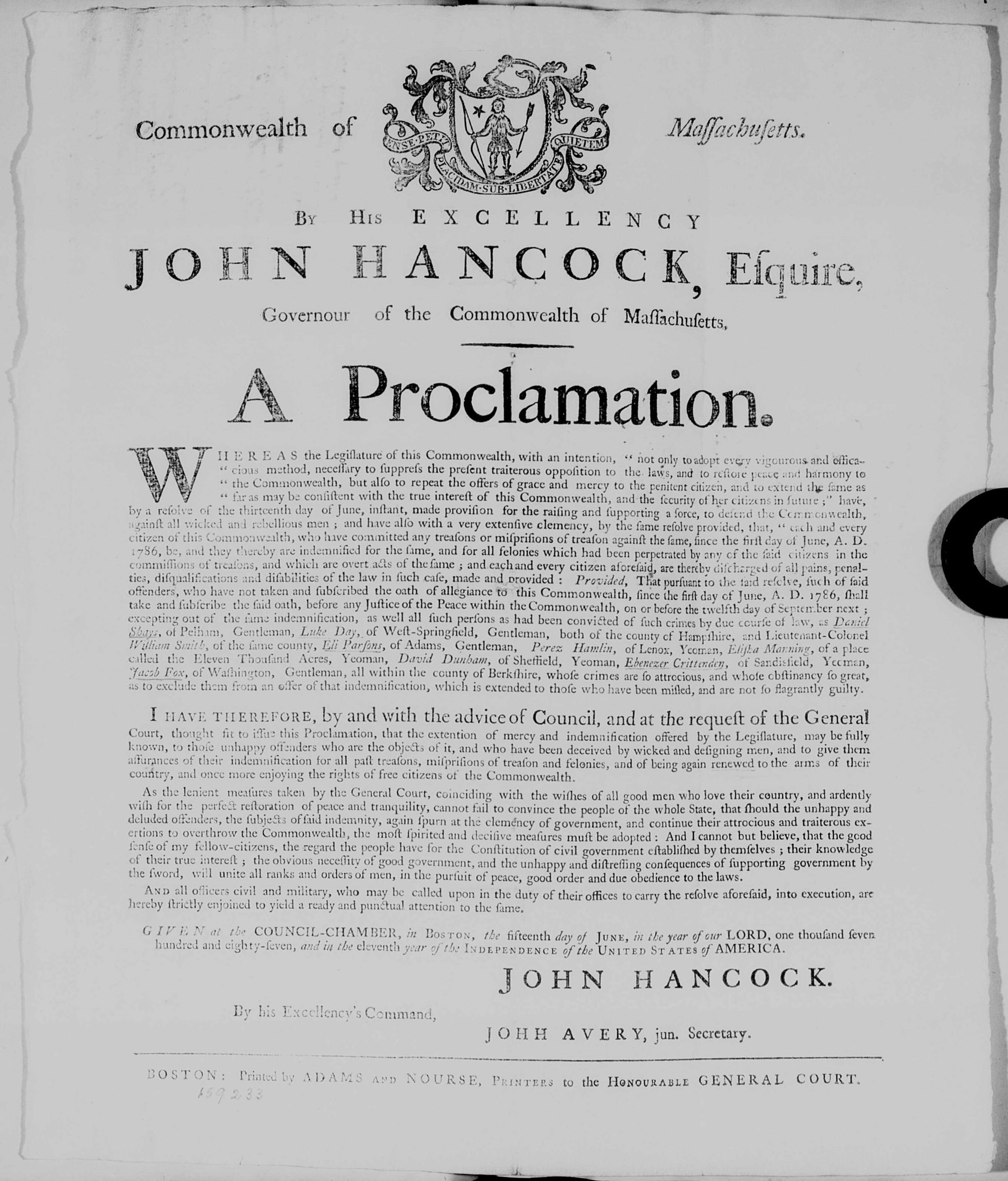 Proclamation from Governor John Hancock related to Shay's Rebellion