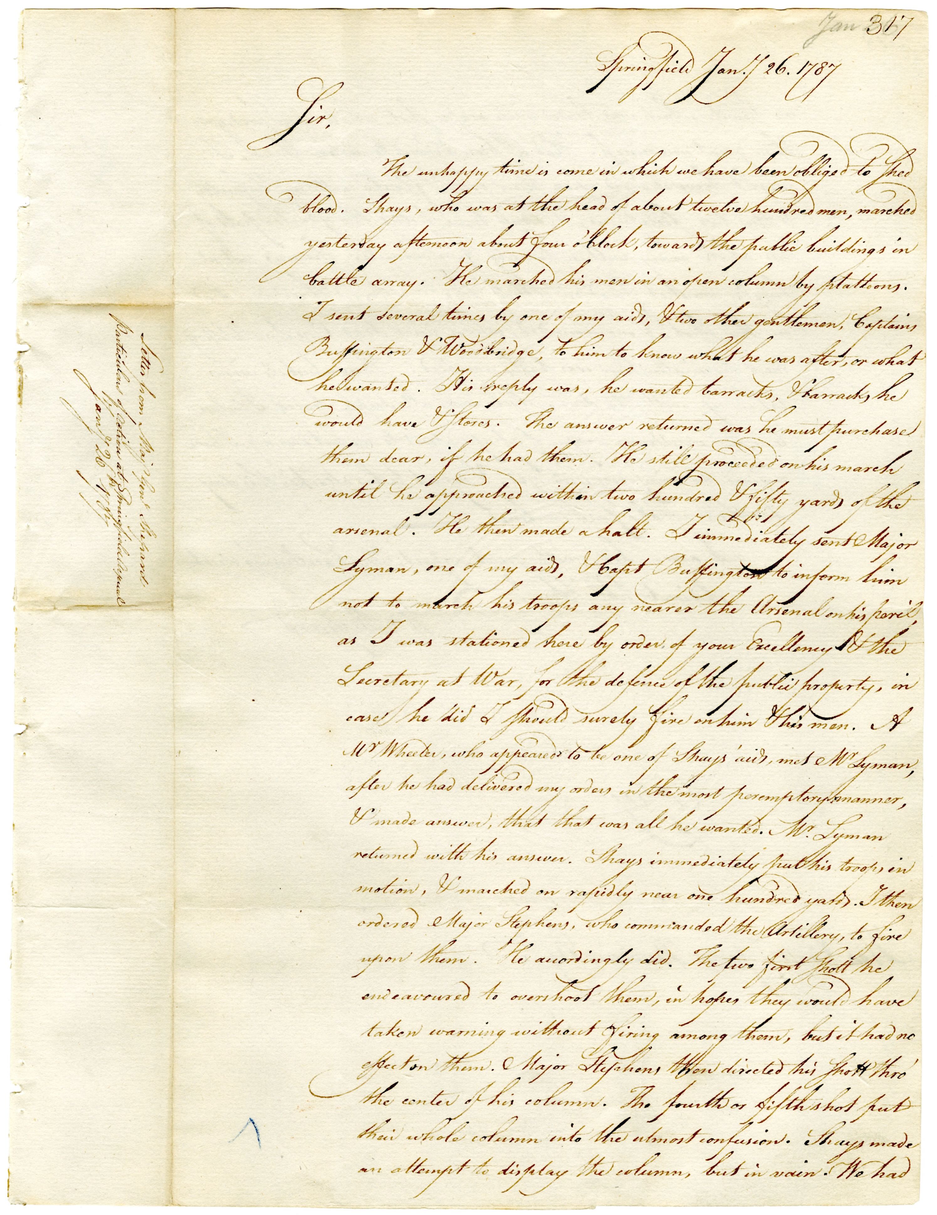 Letter from Major General William Shepard, providing a first-hand account of his militia's defense of the Springfield armory during Shay's rebellion, and the rebels killed during the encounter