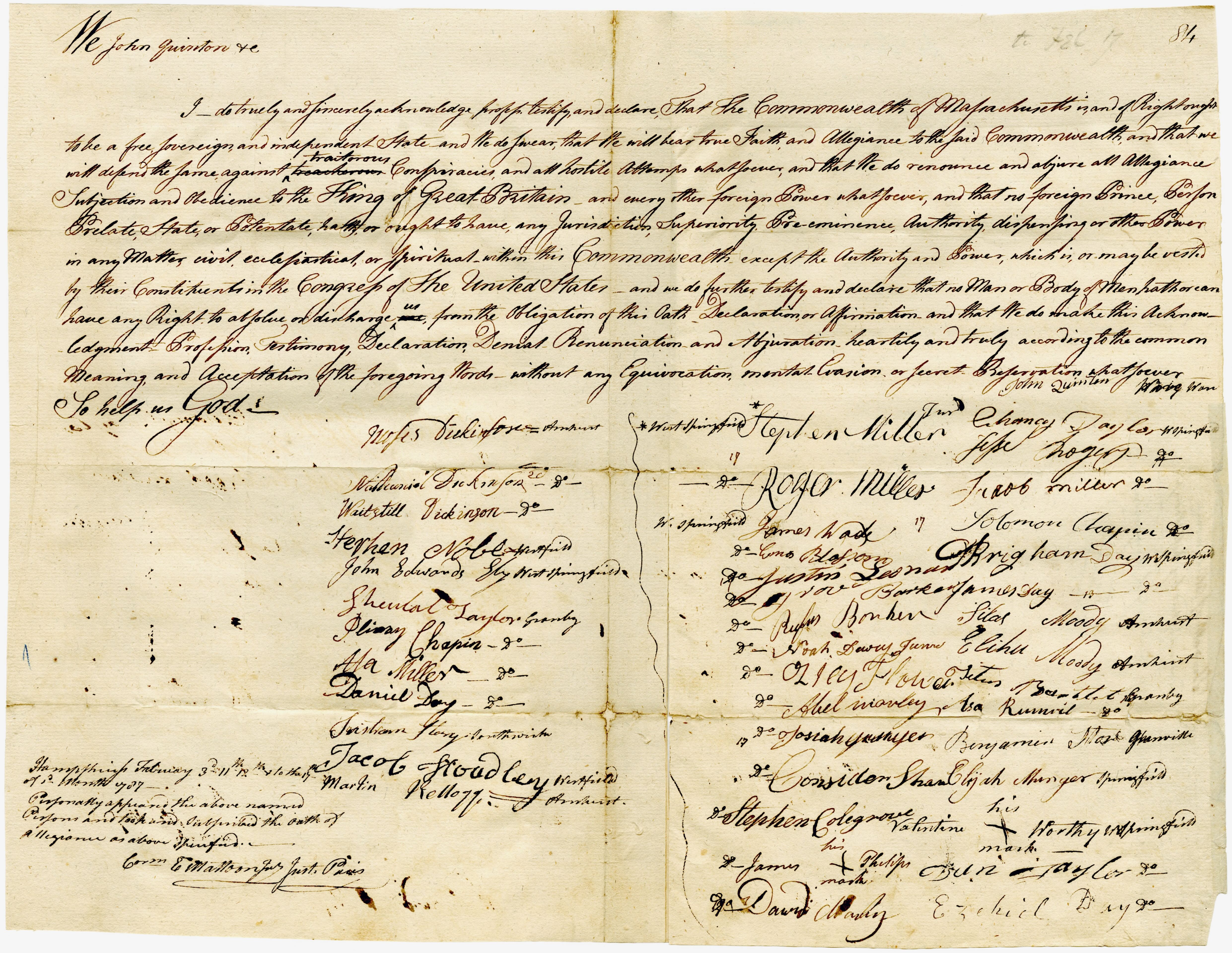 Oath of allegiance sworn to Massachusetts with signatures