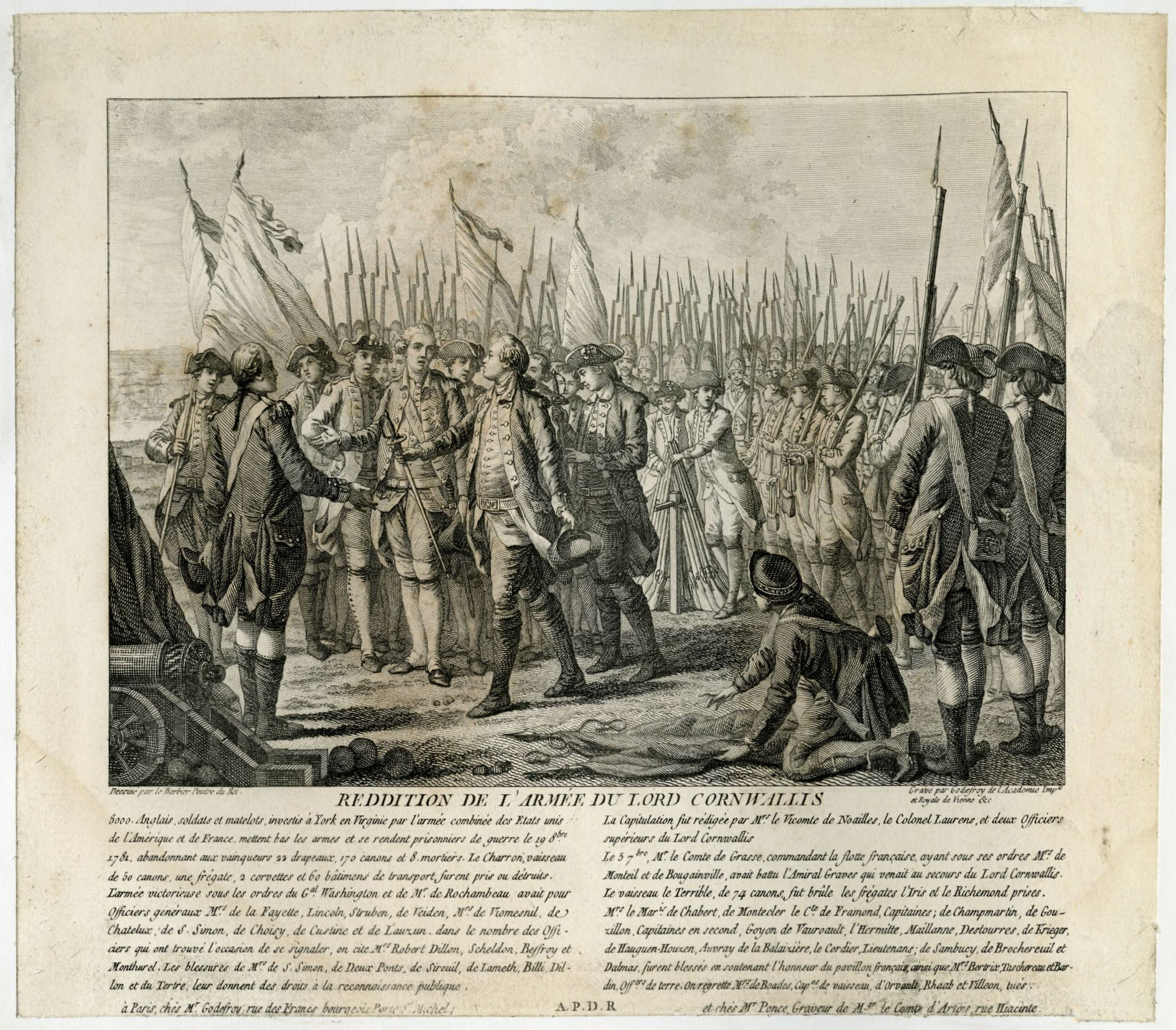 Intaglio print showing the surrender of British commander Charles Cornwallis at Yorktown