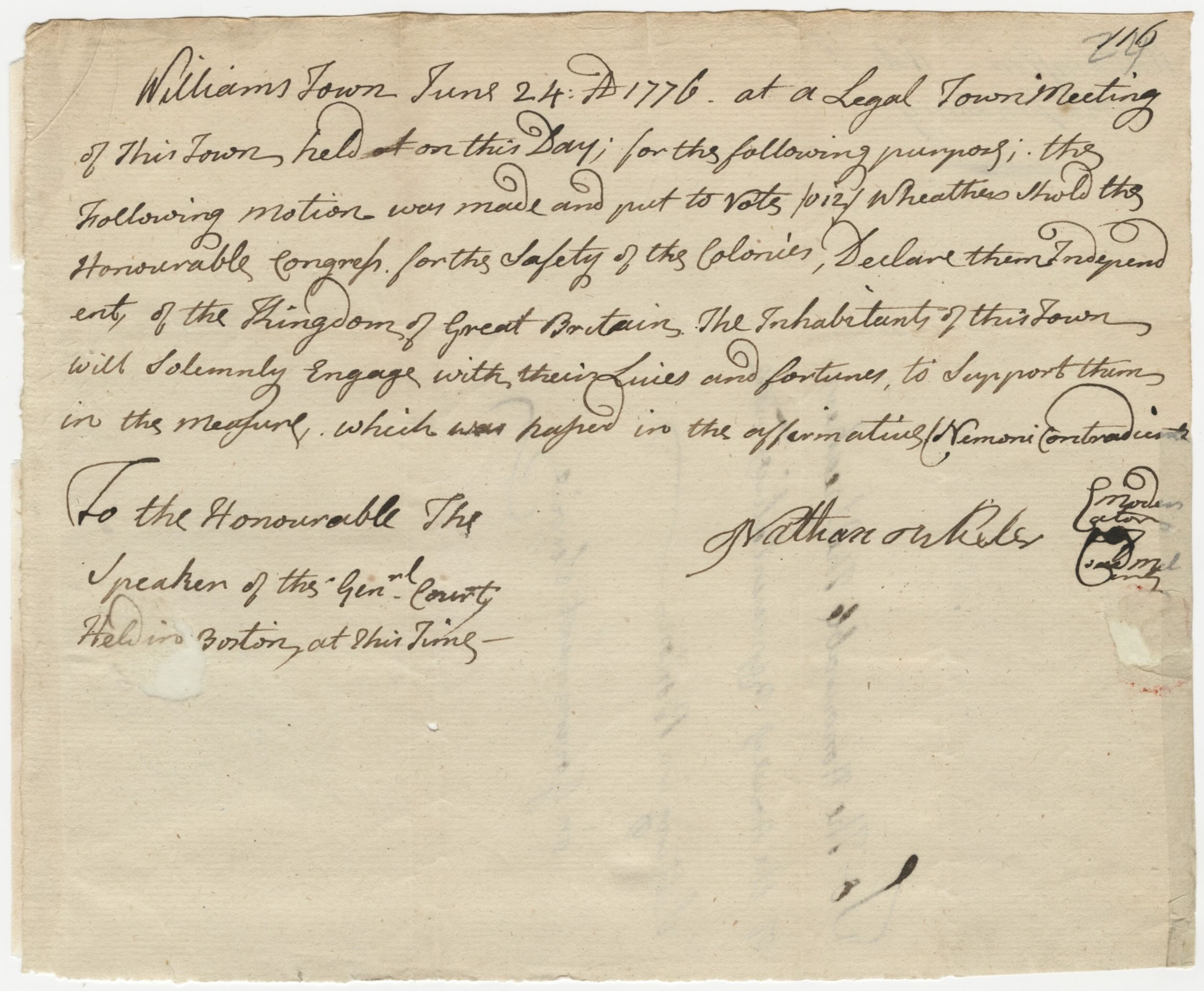 Letter from Williamstown, Massachusetts pledging their support for the Revolution