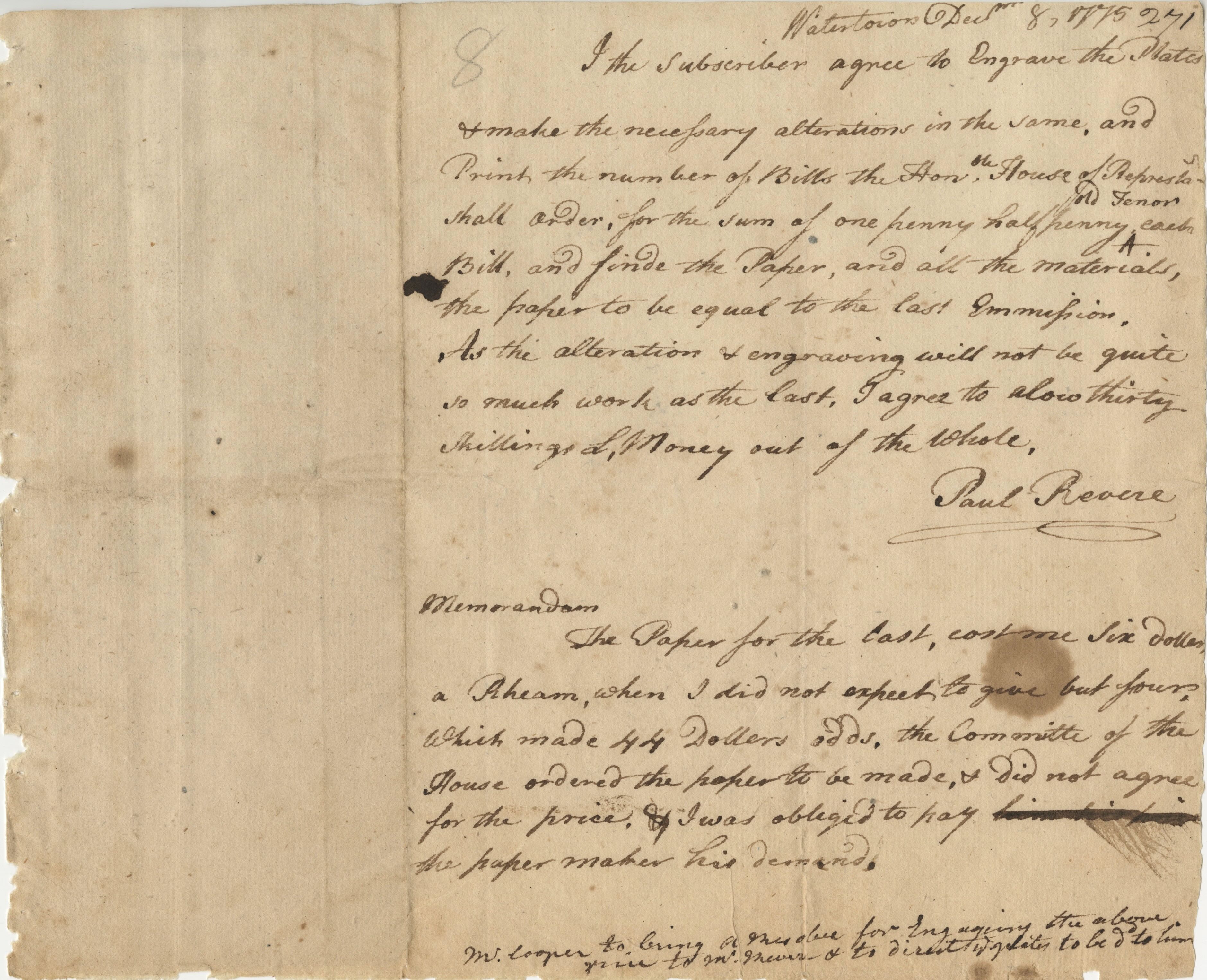 Paul Revere's agreement to engrave currency plates