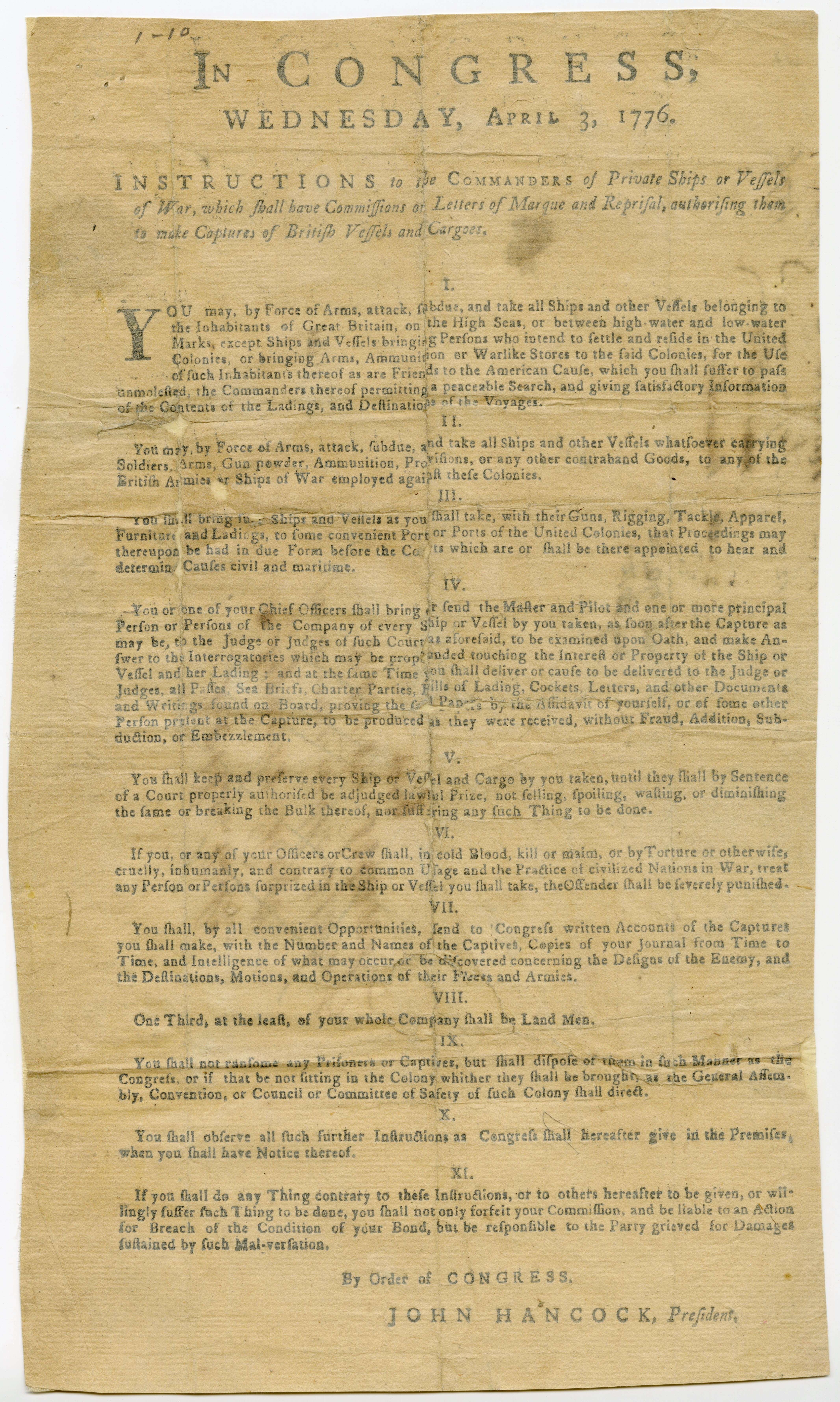 Proclamation by the Continental Congress authorizing commanders of private ships or vessels of war to capture British vessels and cargo