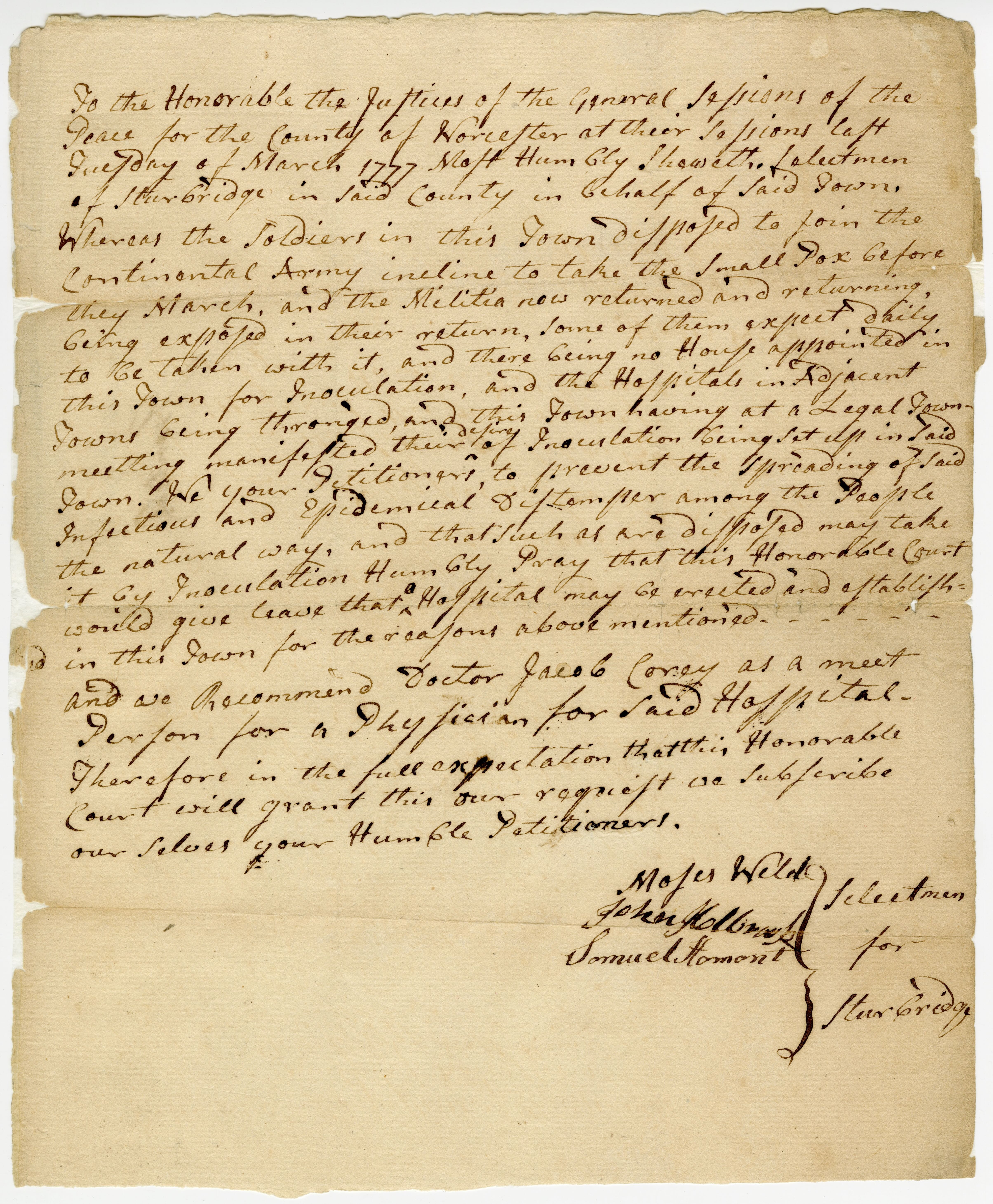 Petition from the town of Sturbridge to build an inoculation hospital there, along with rules and regulations for physicians serving these institutions