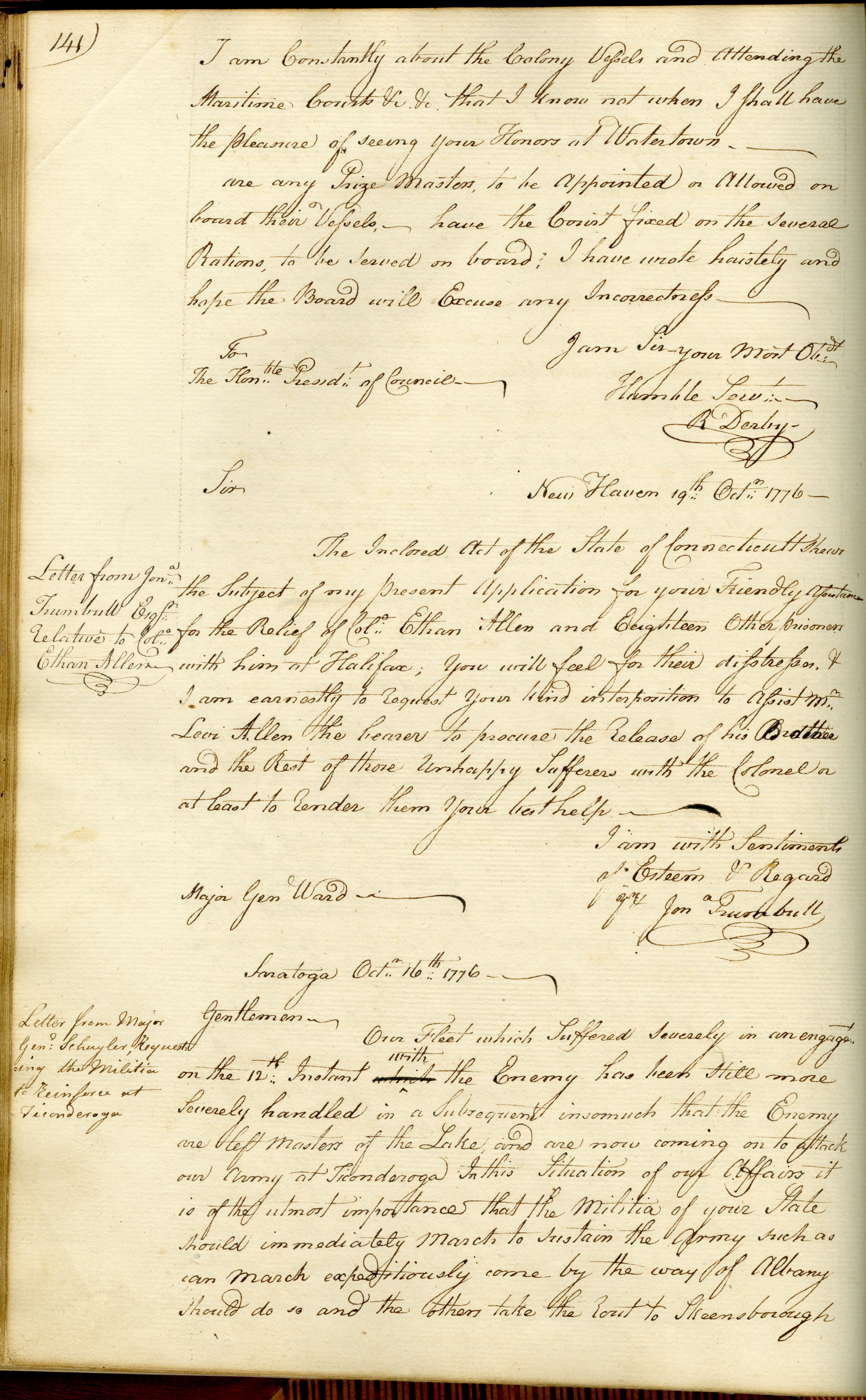 Letter from Jonathan Trumbull to Major General Artemas Ward, requesting his assistance in procuring the release of Colonel Ethan Allen and 18 other prisoners at Halifax