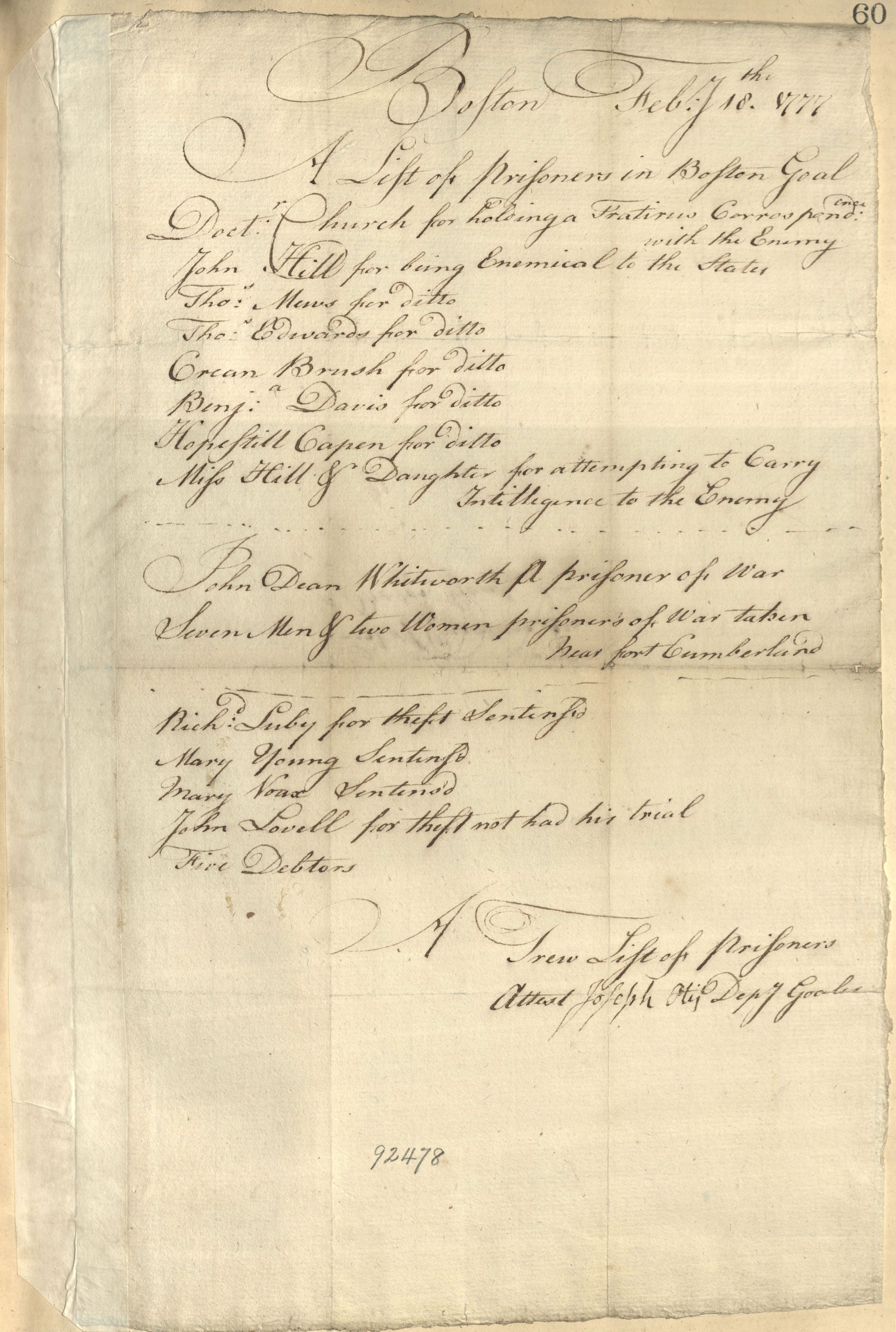 List of prisoners in the Boston Gaol February 1777