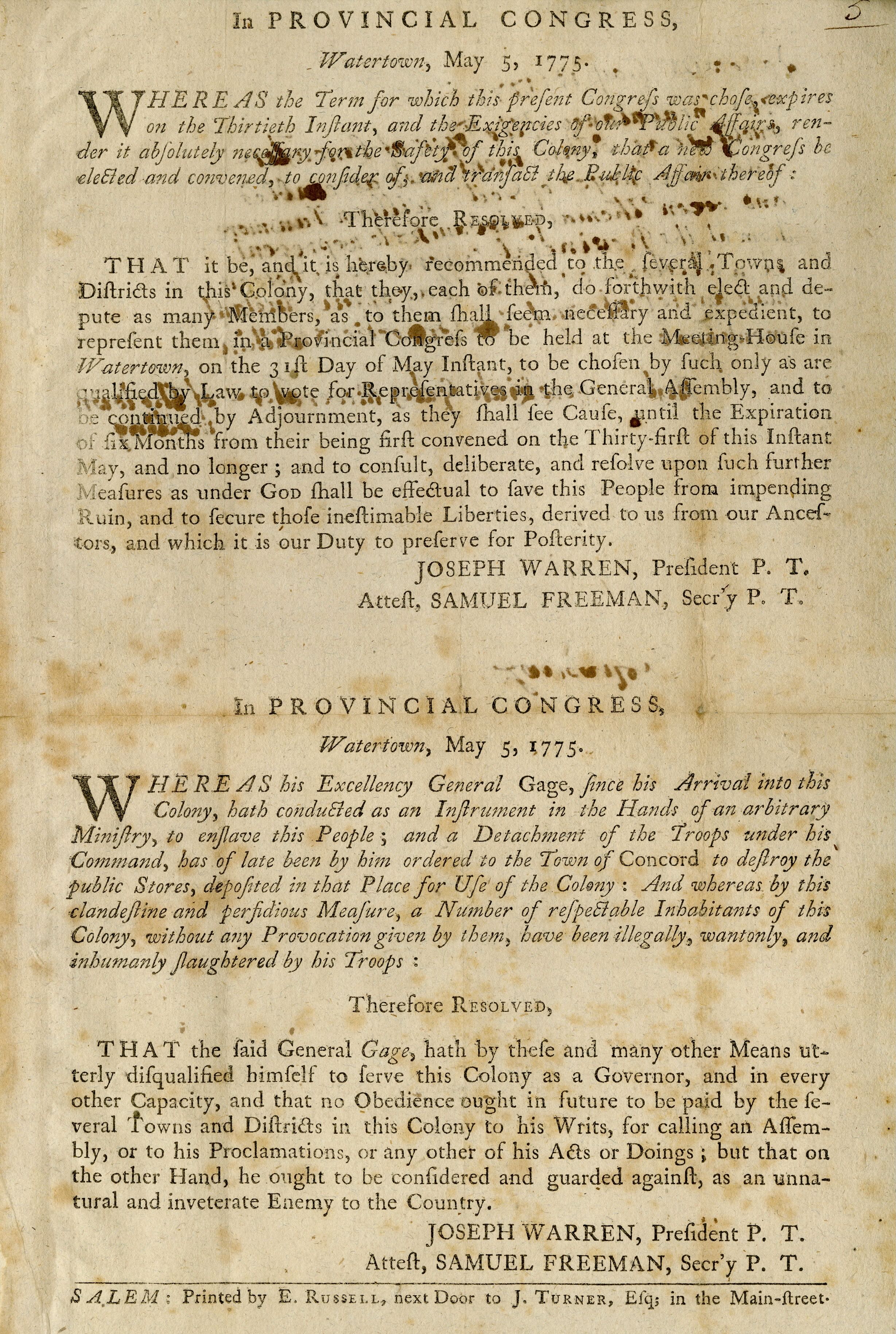 Provincial Congress broadside about General Thomas Gage's unsuitability to serve as Massachusetts governor, with letter from Lancaster on reverse