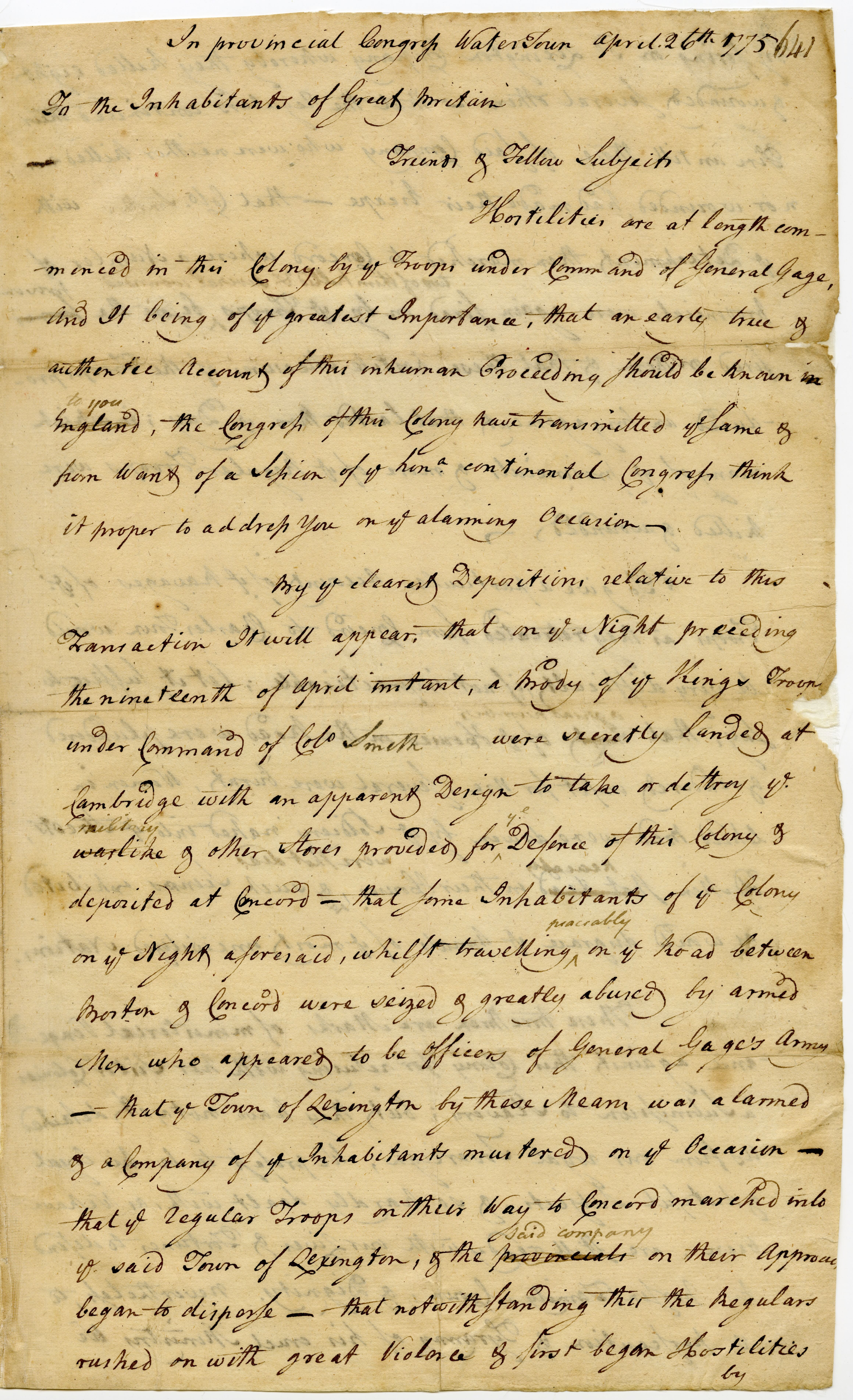 Address of the Provincial Congress to the inhabitants of Great Britain describing hostilities and the outbreak of war on April 19th (battles of Lexington and Concord), as well as a letter from the Provincial Congress to Benjamin Franklin, the colonial agent for Massachusetts in London