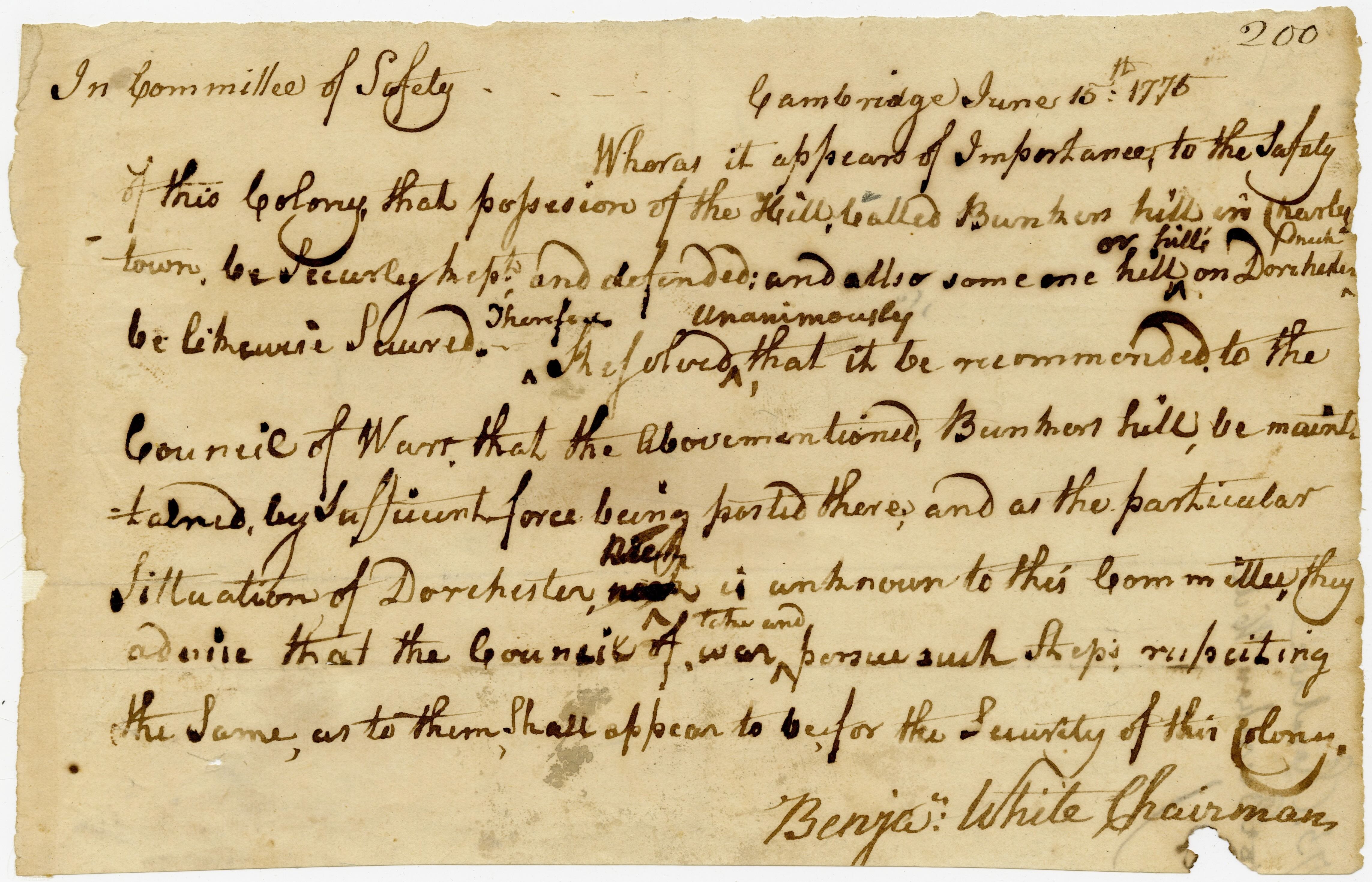 Recommendation from the Massachusetts Committee of Safety that fortifications be erected on Bunker Hill in Charlestown