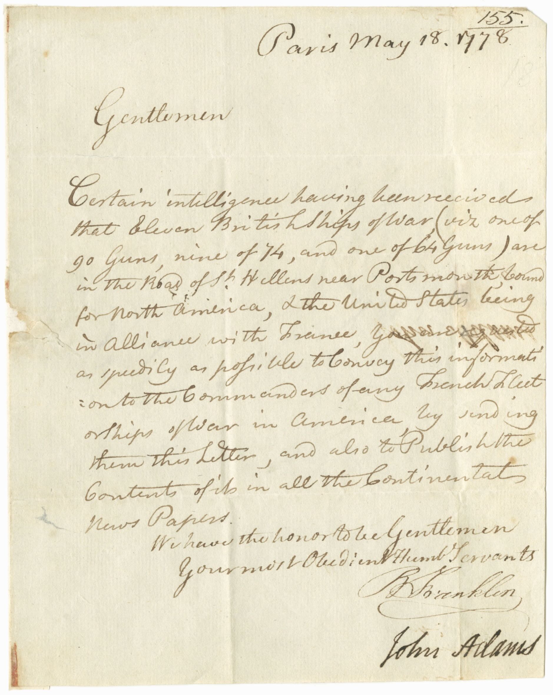 Letter from Benjamin Franklin and John Adams warning that eleven British ships of war were bound for North America