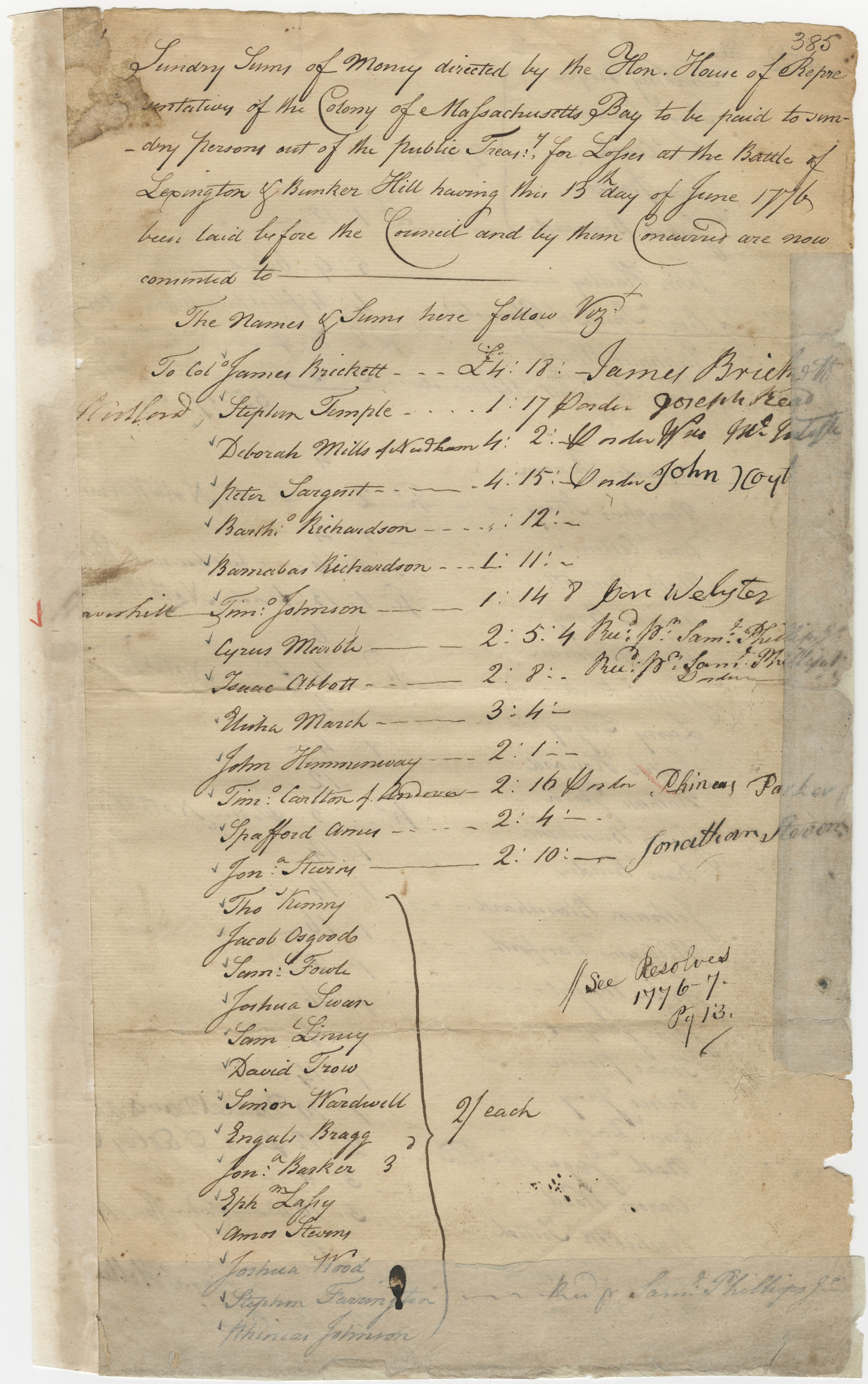 Payments from the Massachusetts House of Representatives to soldiers for the battles of Lexington and Bunker Hill