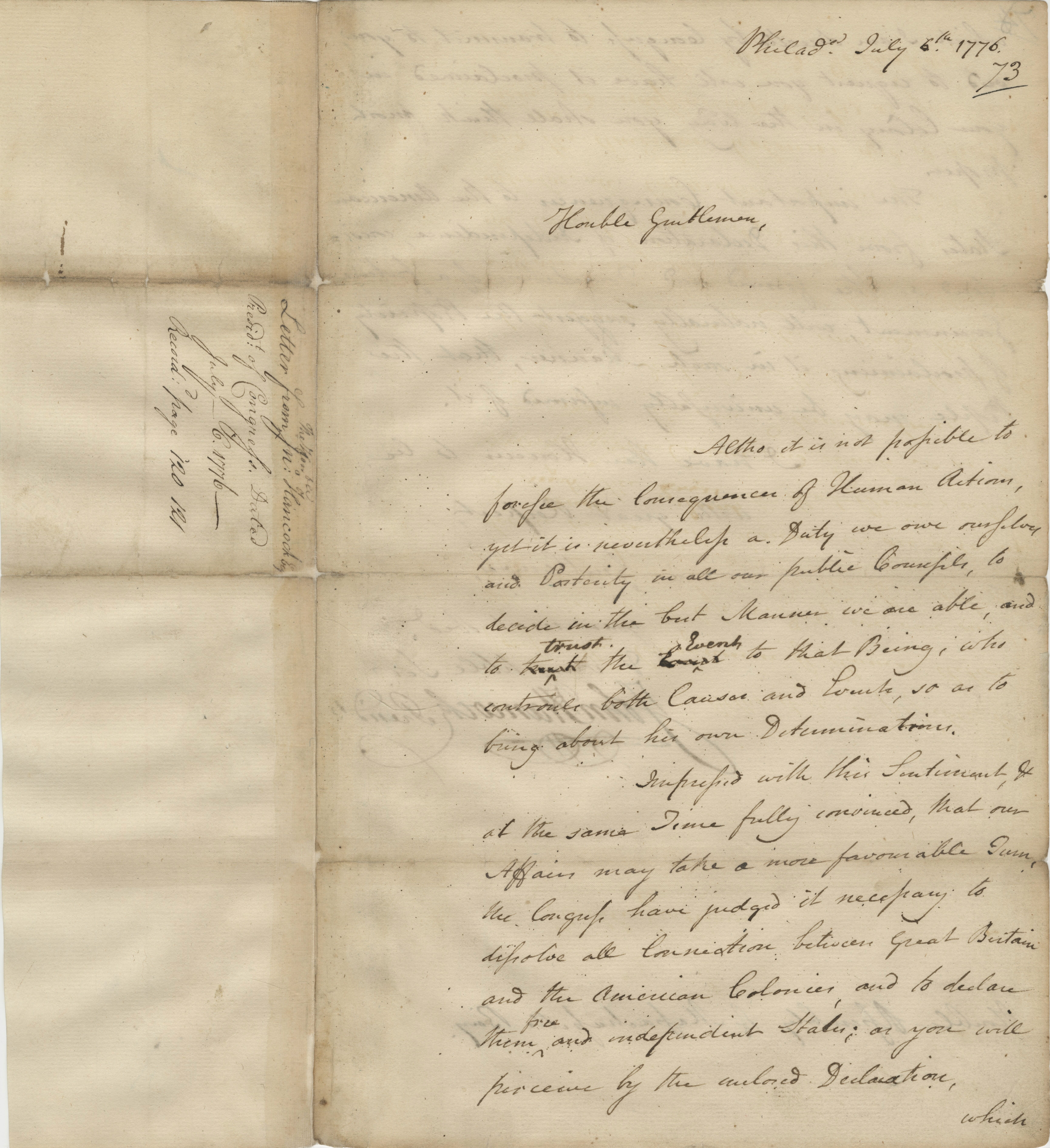 Letter from John Hancock, president of the Continental Congress, sending a copy of the newly agreed upon Declaration of Independence from Philadelphia