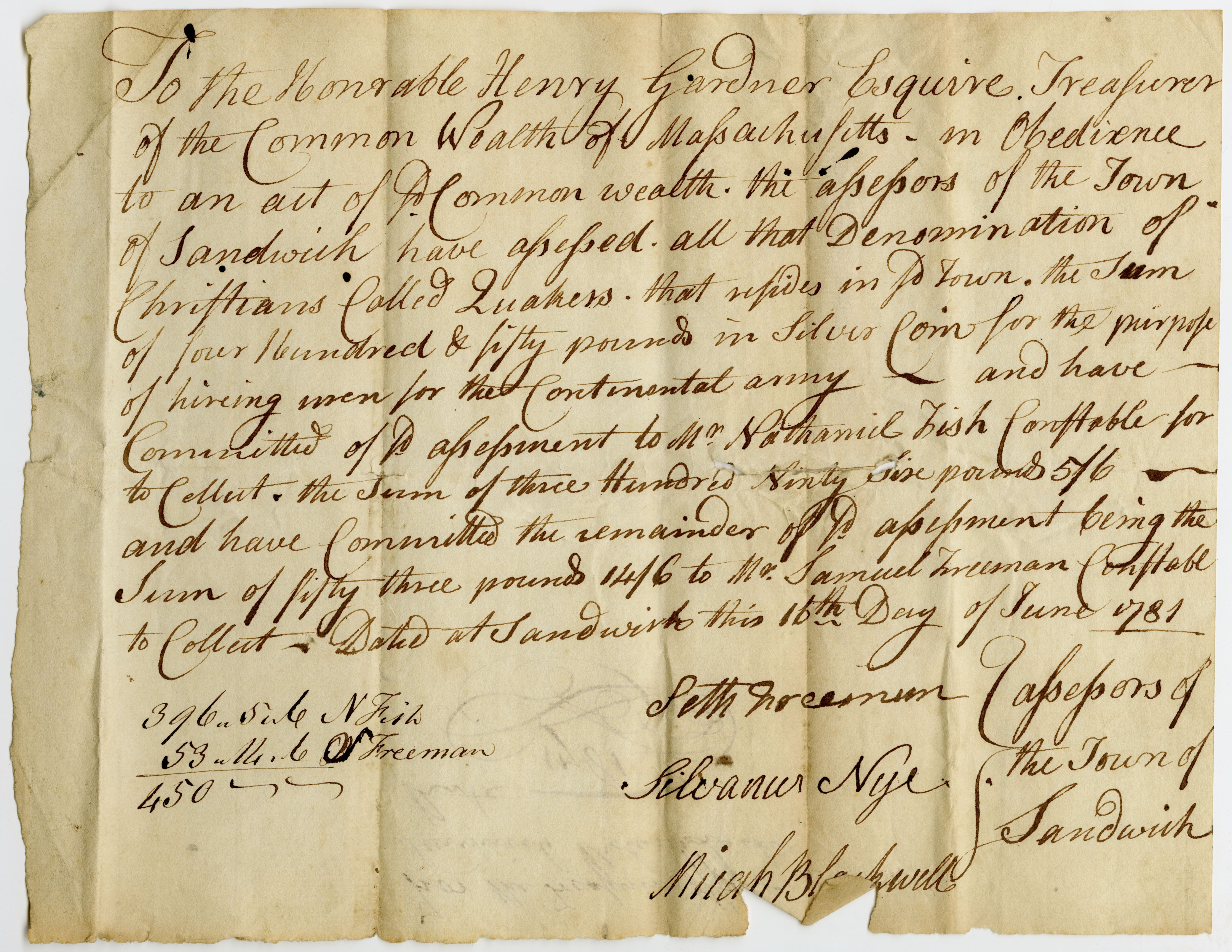 Letter to the treasurer of Massachusetts from the town of Sandwich regarding the 
