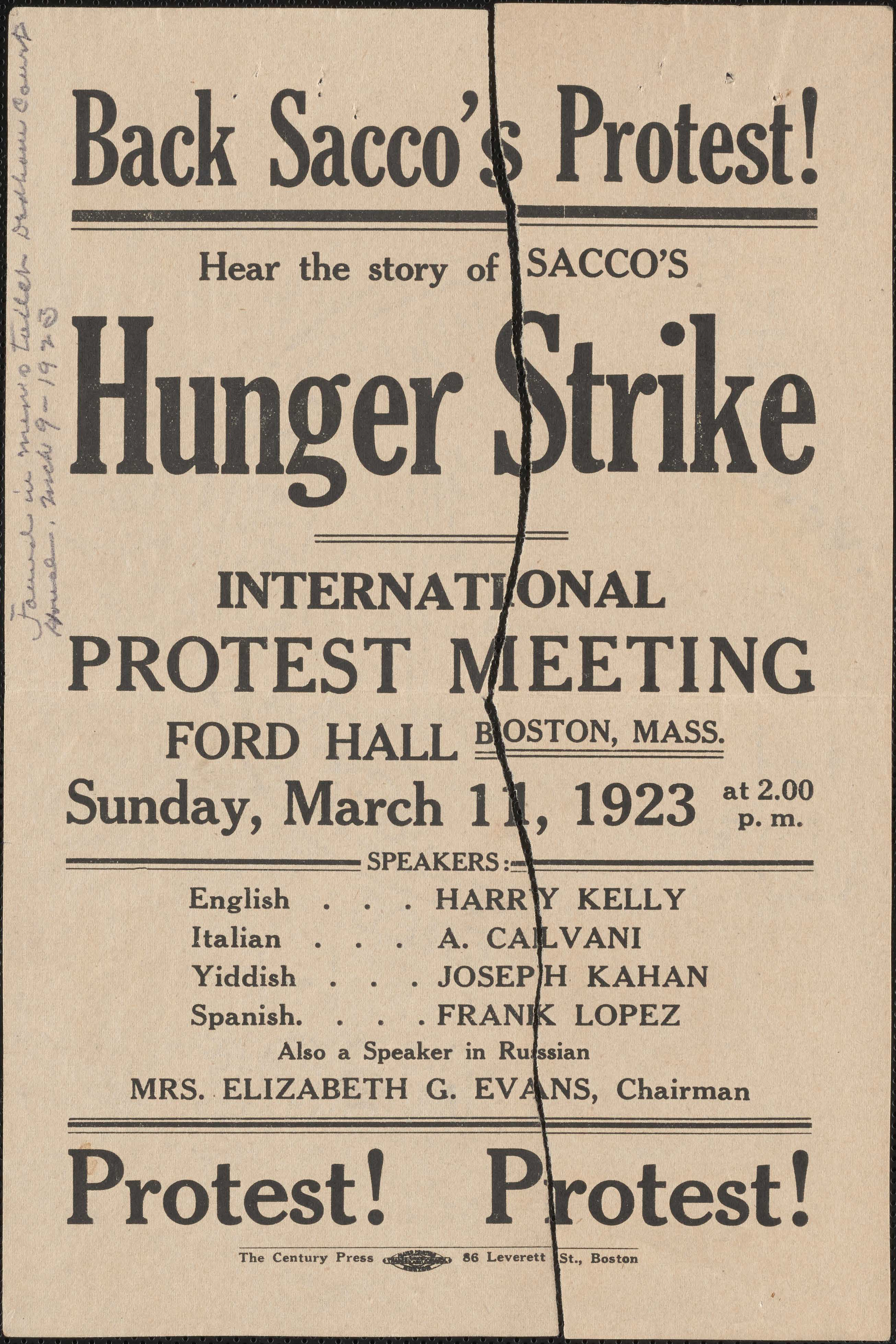 Flyer for International Protest Meeting at Ford Hall, March 11, 1923: Back Sacco's Protest! Hear the Story of Sacco's Hunger Strike