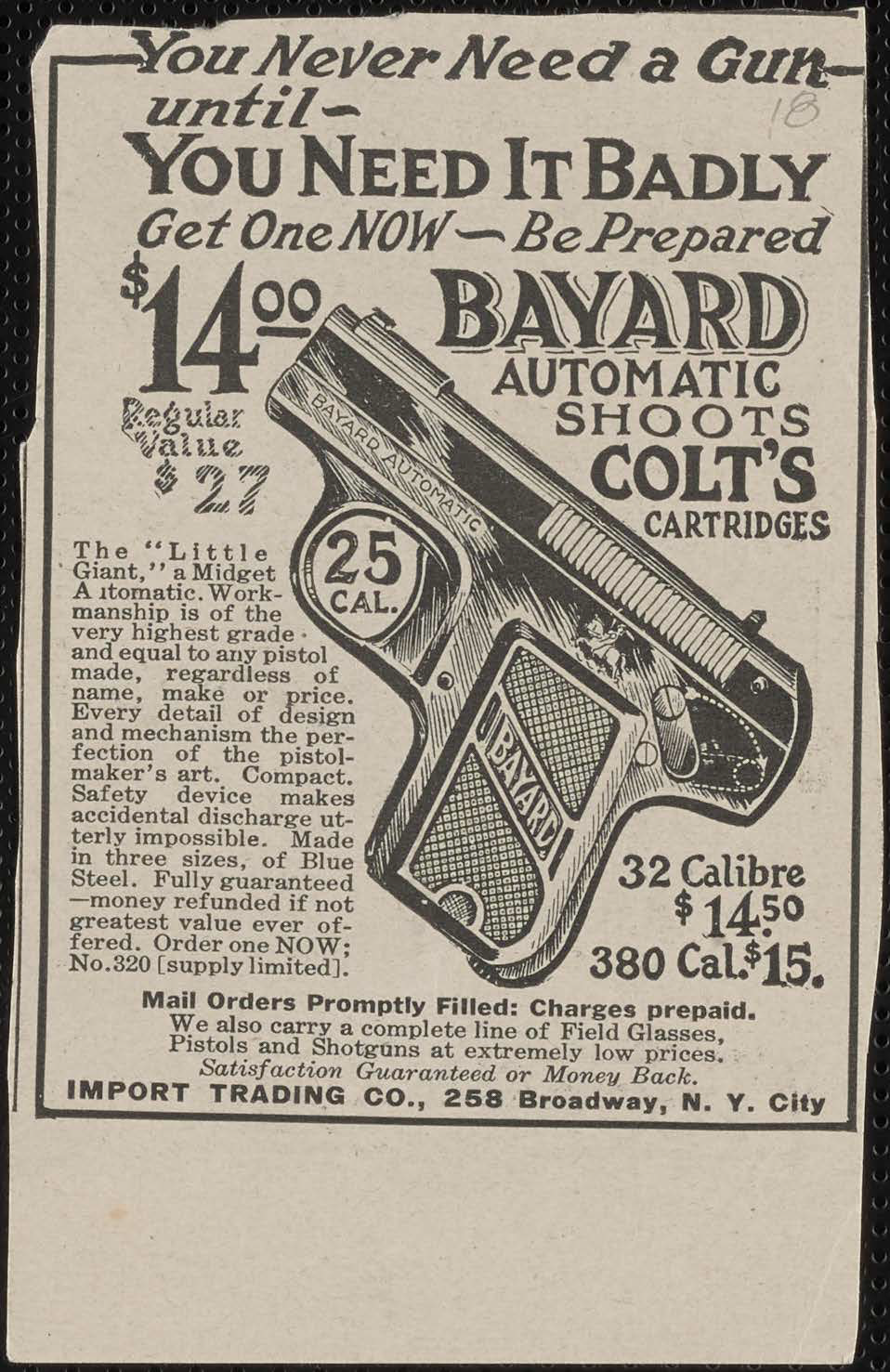 Advertisement for a Bayard Automatic Colt Gun