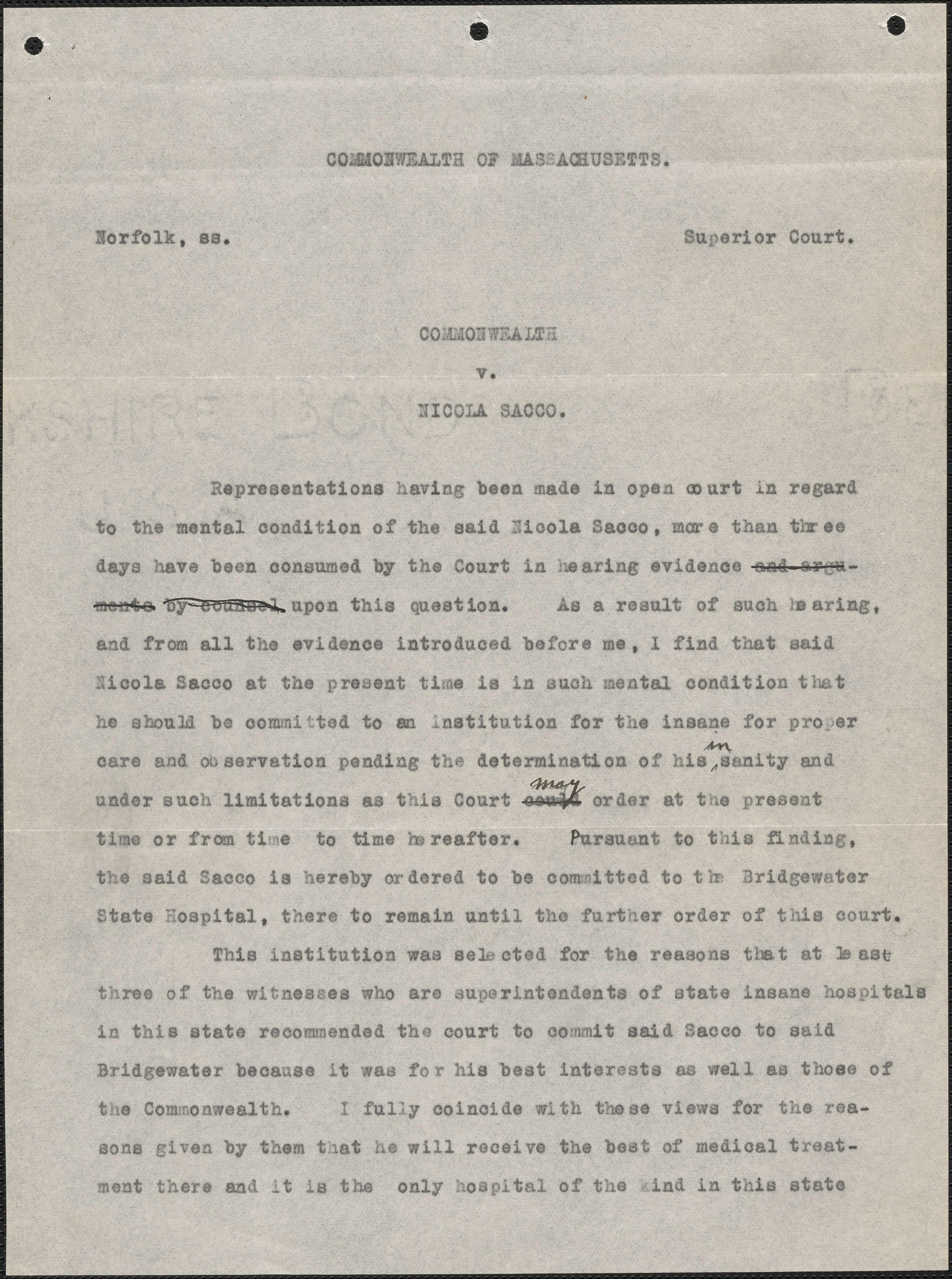 Order of Commitment and Warrant for Commitment to Bridgewater State Hospital for Nicola Sacco