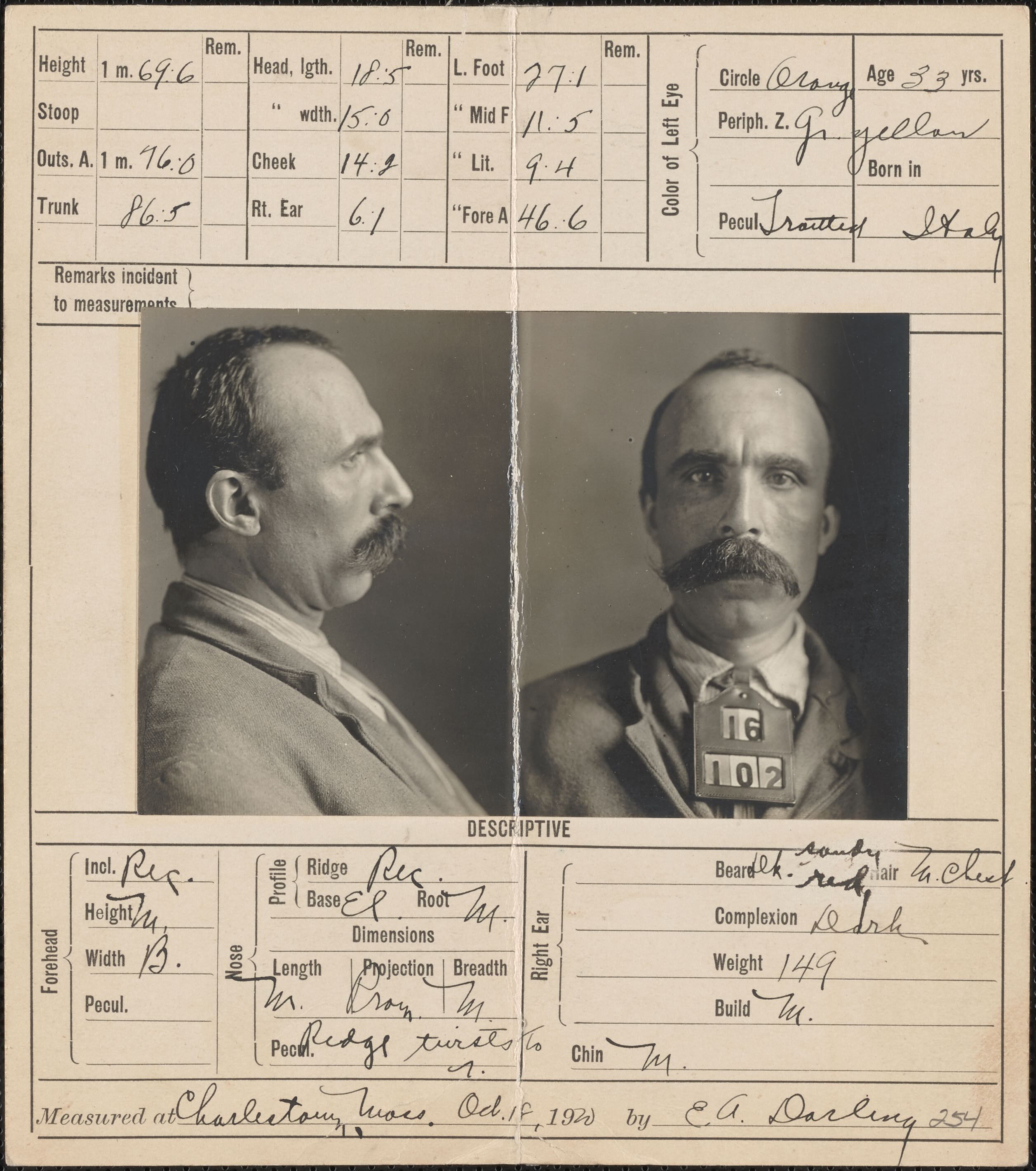 Bertillon Card for Bartolomeo Vanzetti