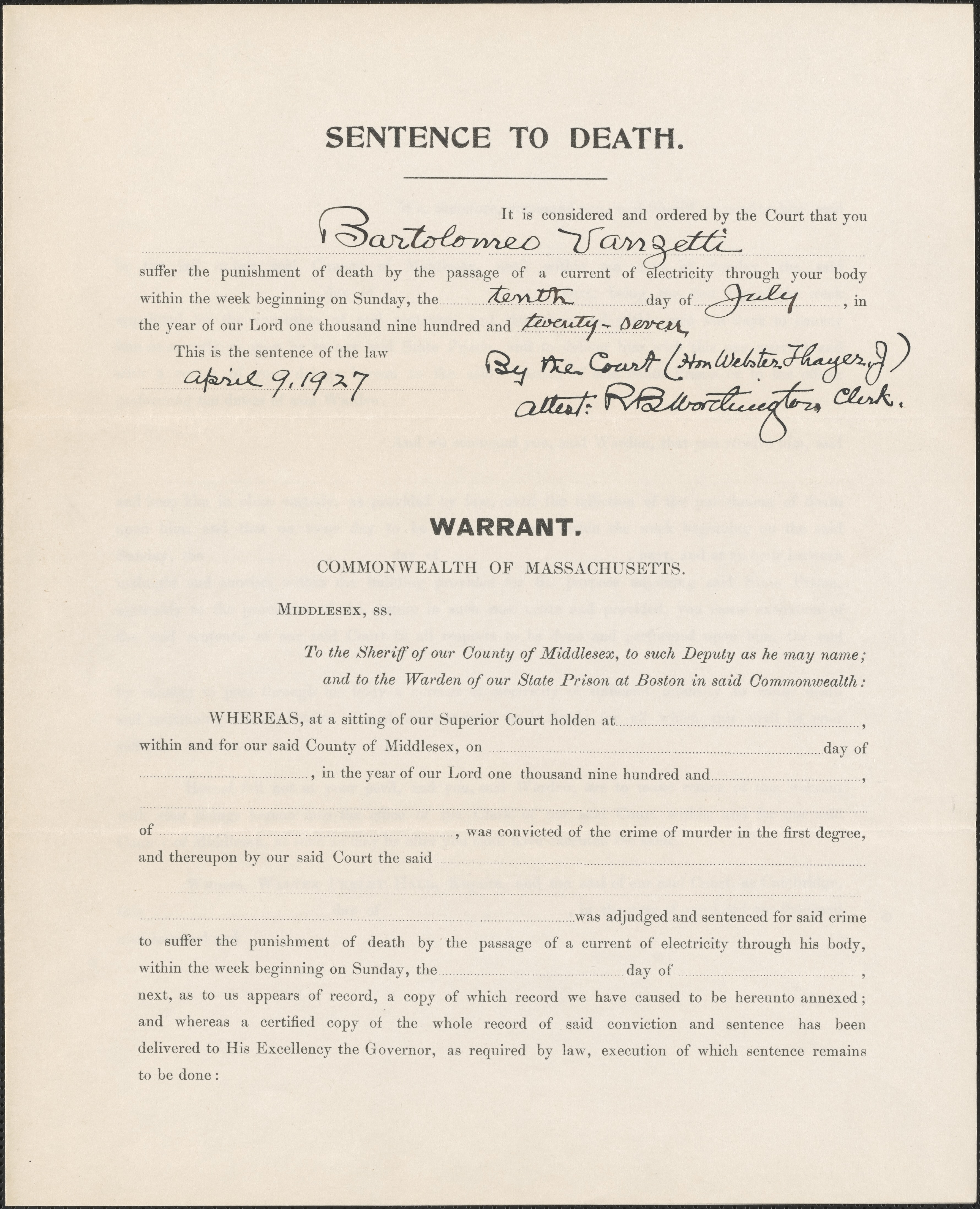Sentence to Death for Bartolomeo Vanzetti