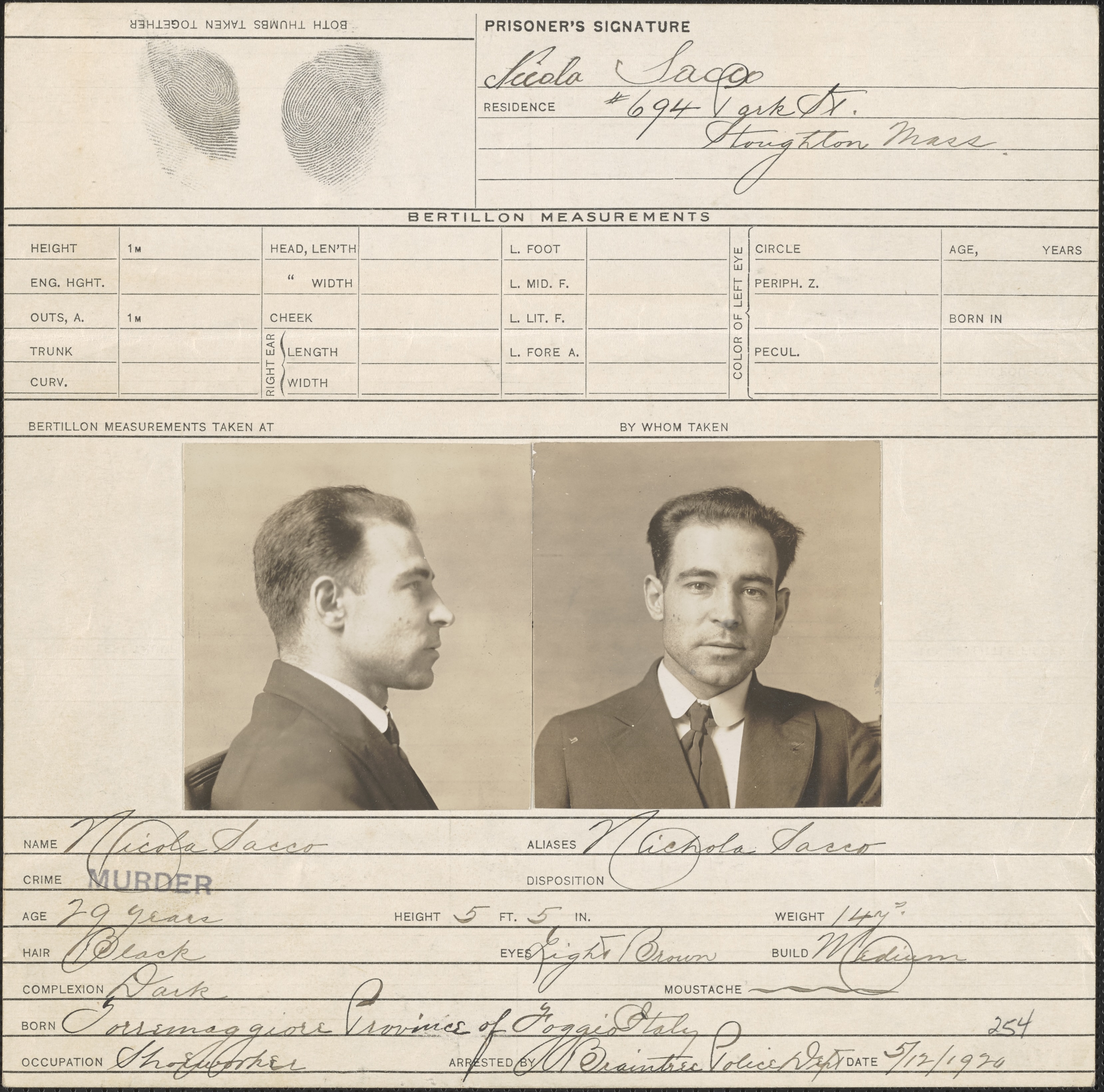 Bertillon Card for Nicola Sacco