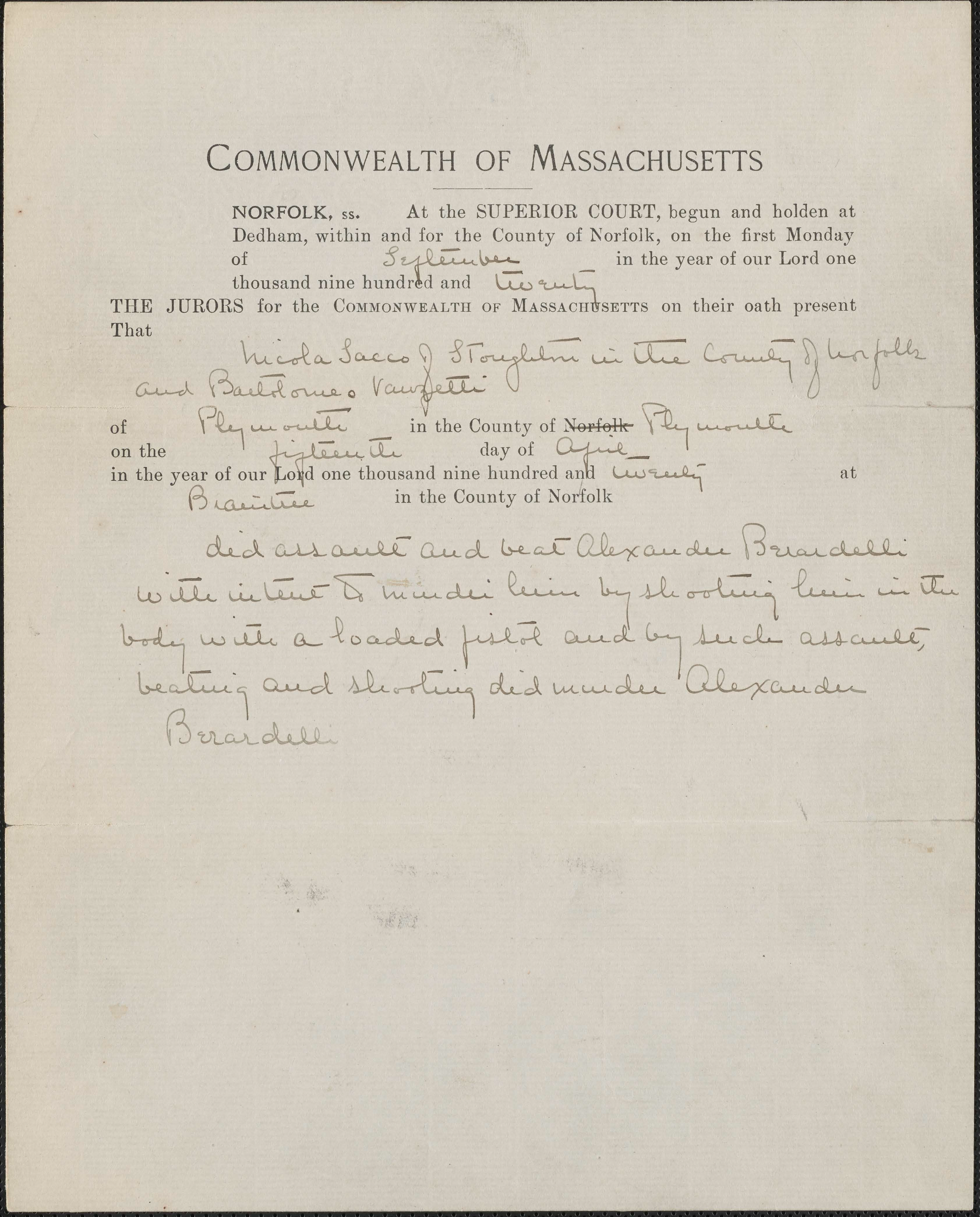 Indictment of Nicola Sacco and Bartolomeo Vanzetti