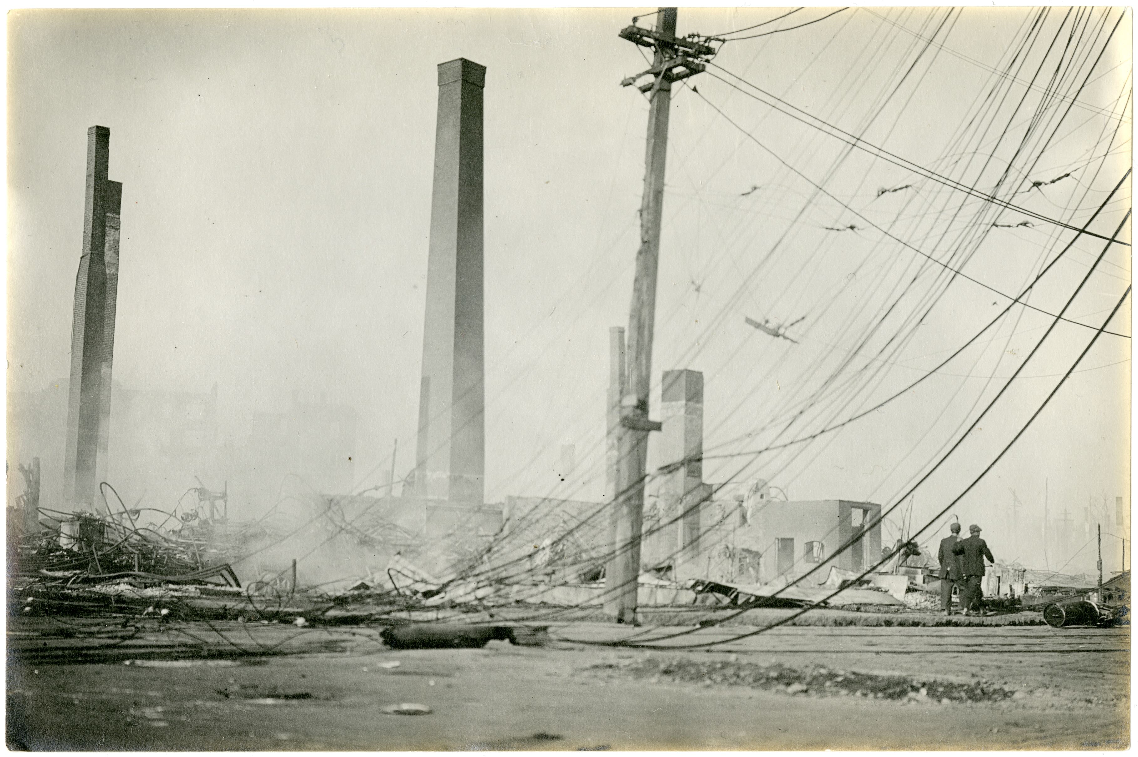 Downed electric wires and building ruins