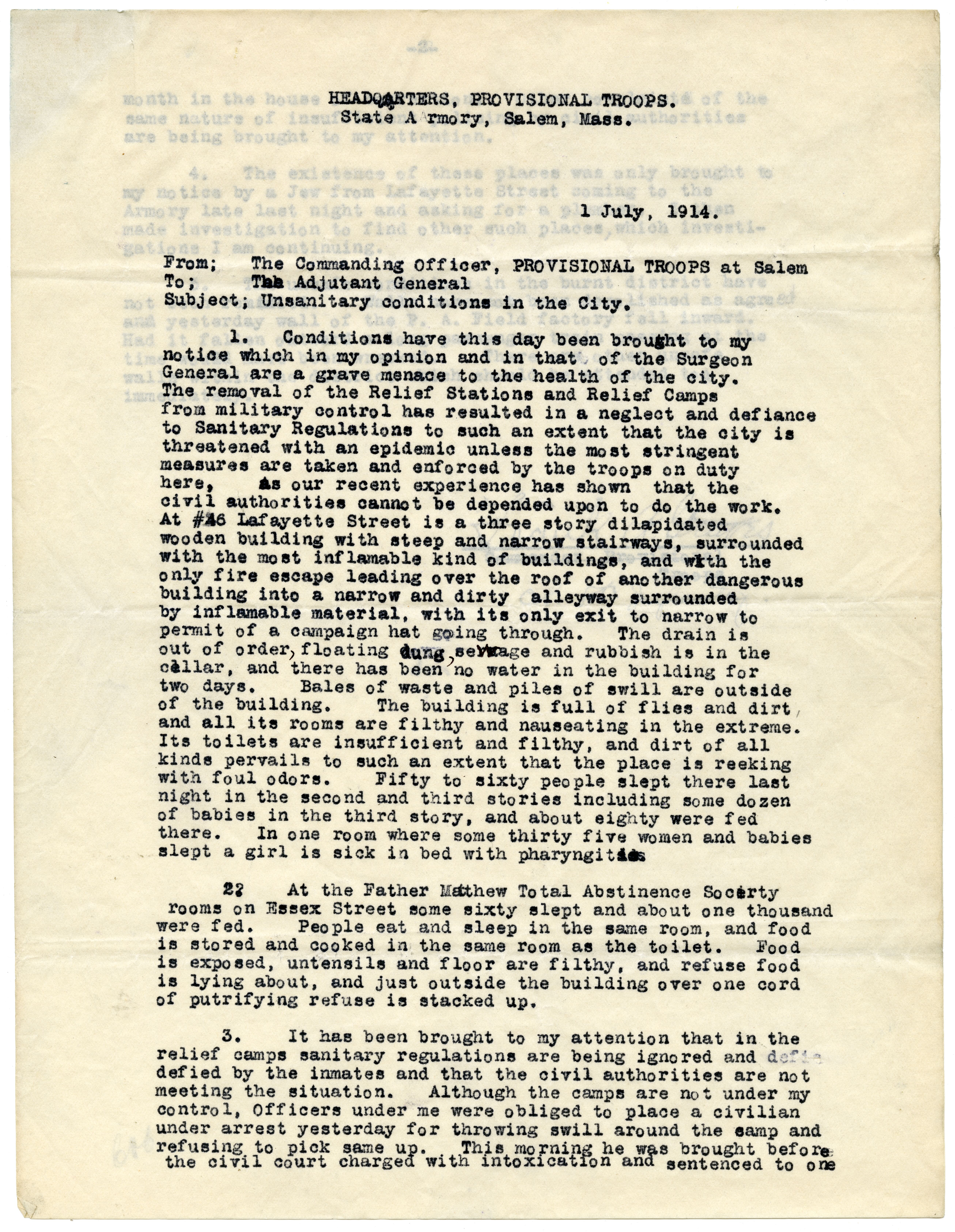 Report of unsanitary conditions in Salem