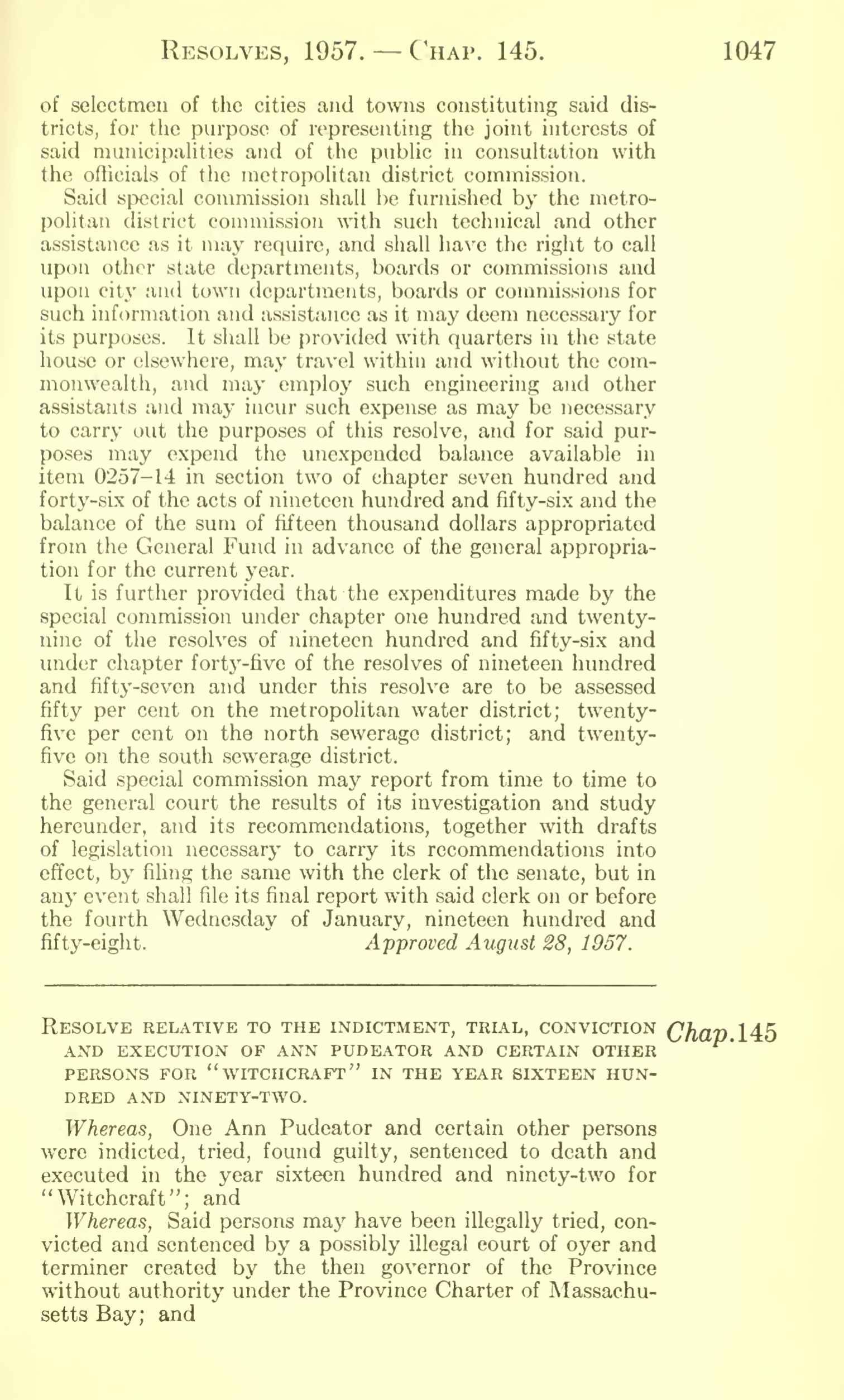 Resolve Relative to the Indictment, Trial, Conviction and Execution of Ann Pudeator and Certain Other Persons for Witchcraft in the Year Sixteen Hundred and Ninety-Two