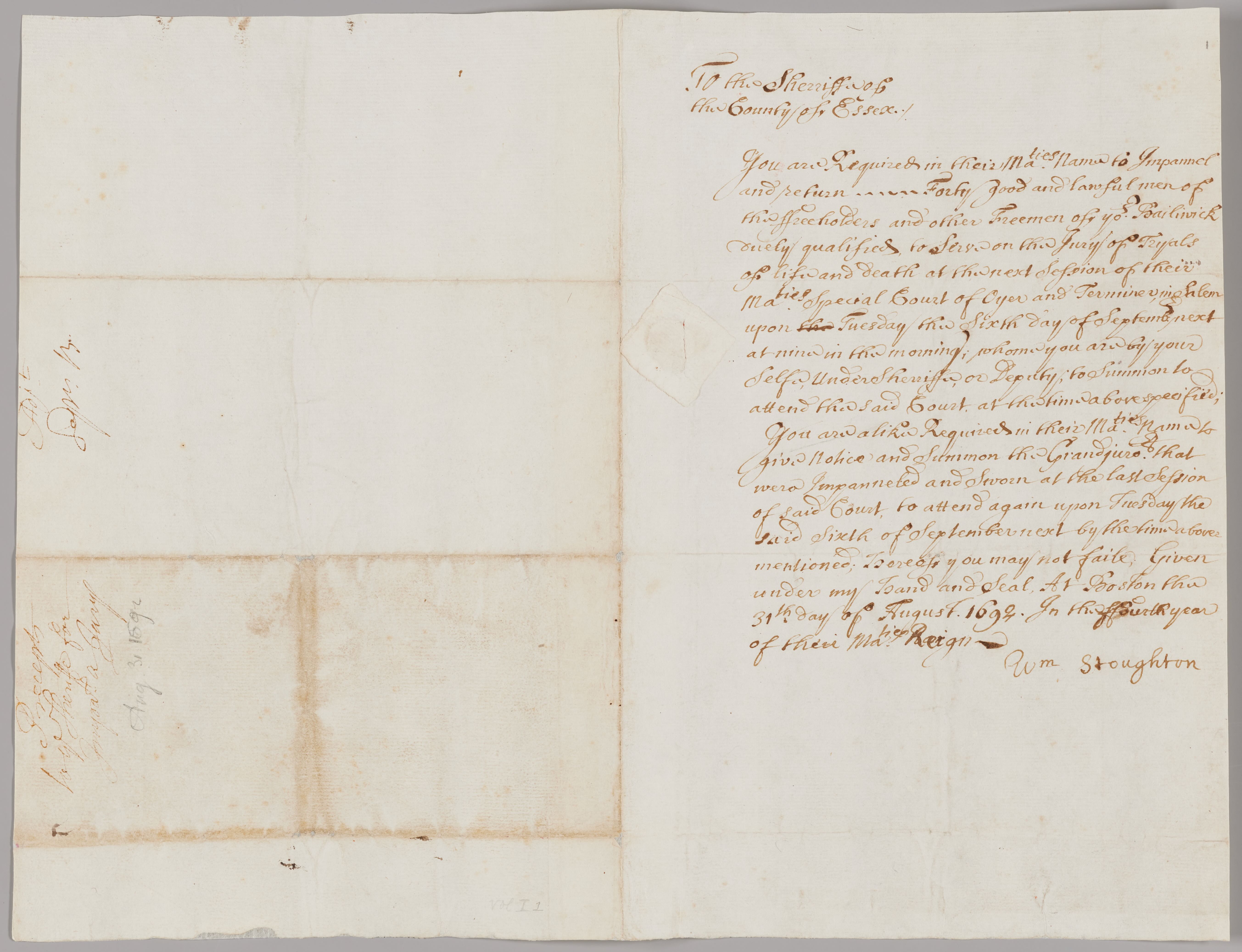 Warrant for jurors for the Court of Oyer and Terminer