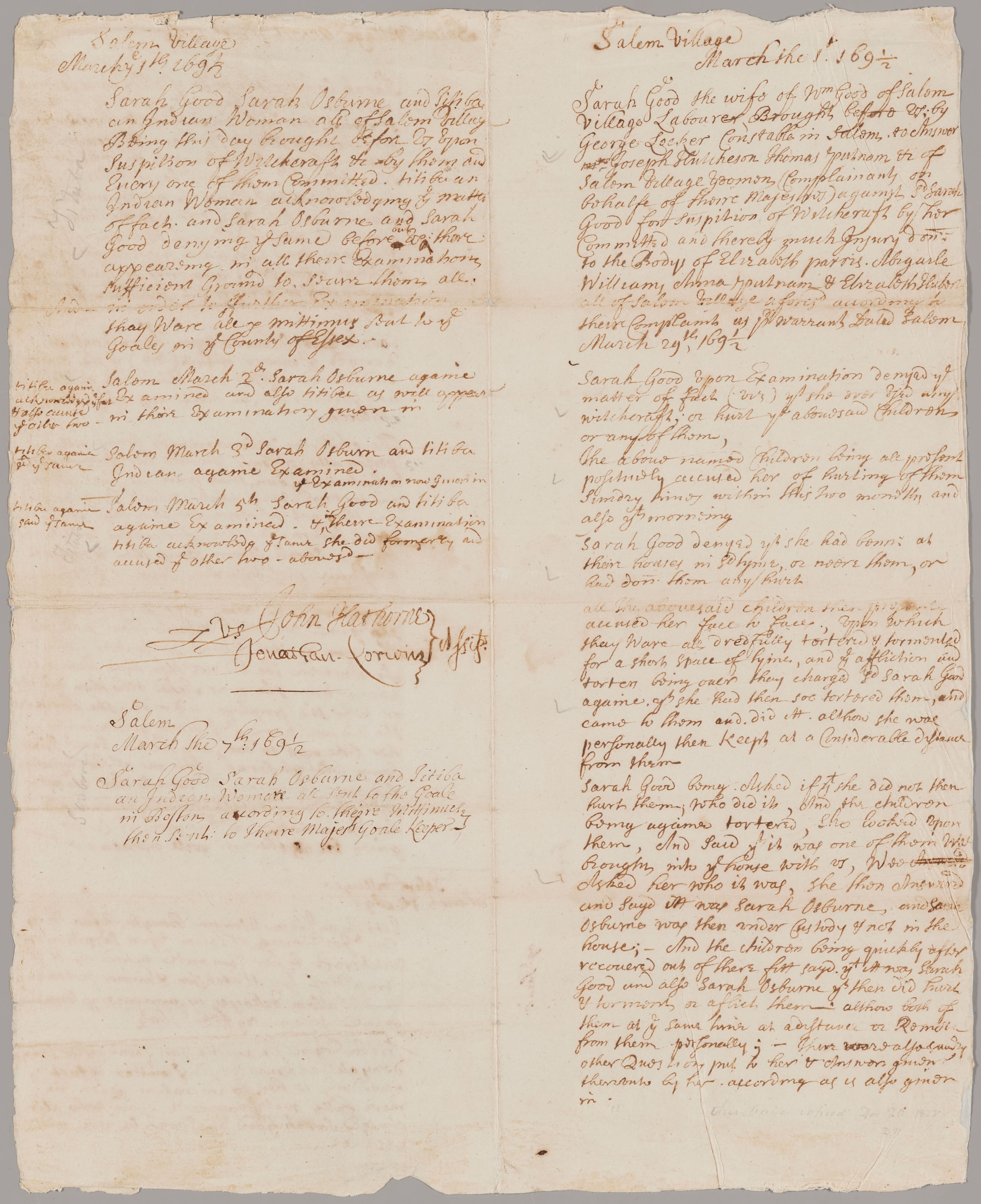 Mittimus for Sarah Good and Tituba