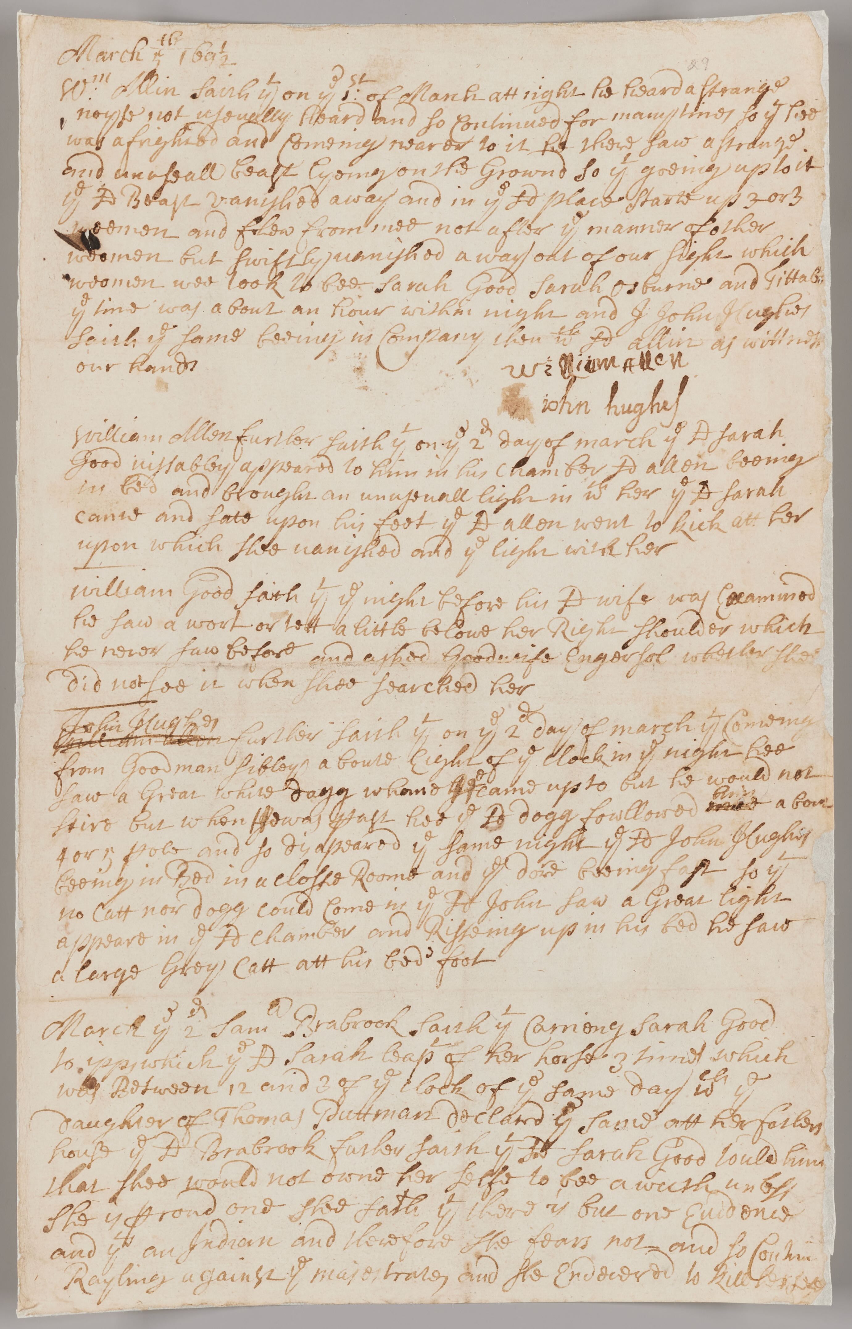 Statement of William Allen, John Hughes, William Good, and Samuel Braybrook v. Sarah Good, Sarah Osborne, and Tituba