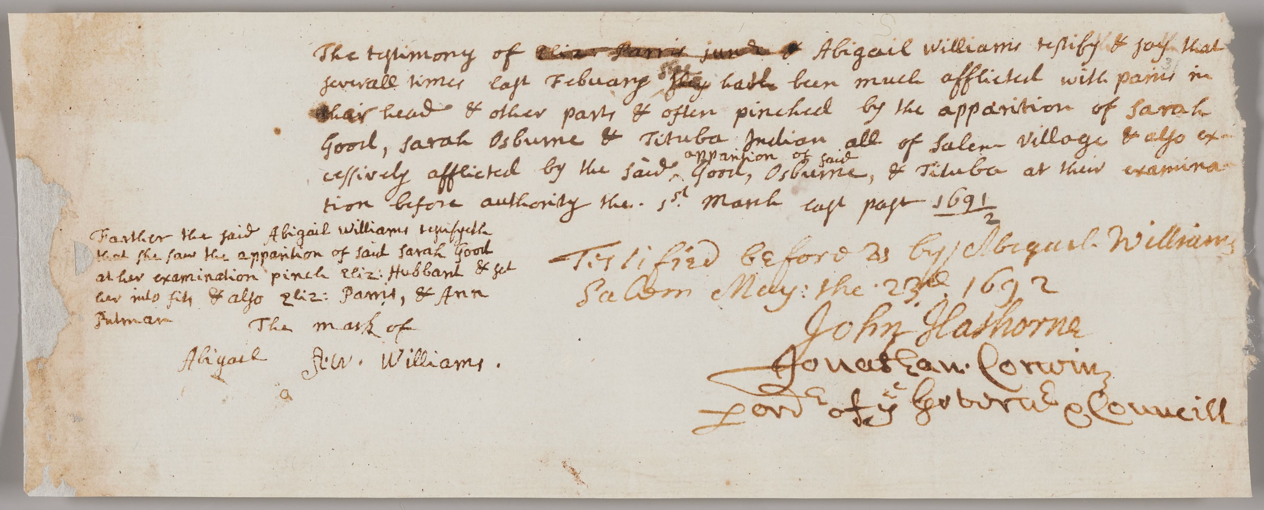 Testimony of Abigail Williams v. Sarah Good, Sarah Osborne, and Tituba