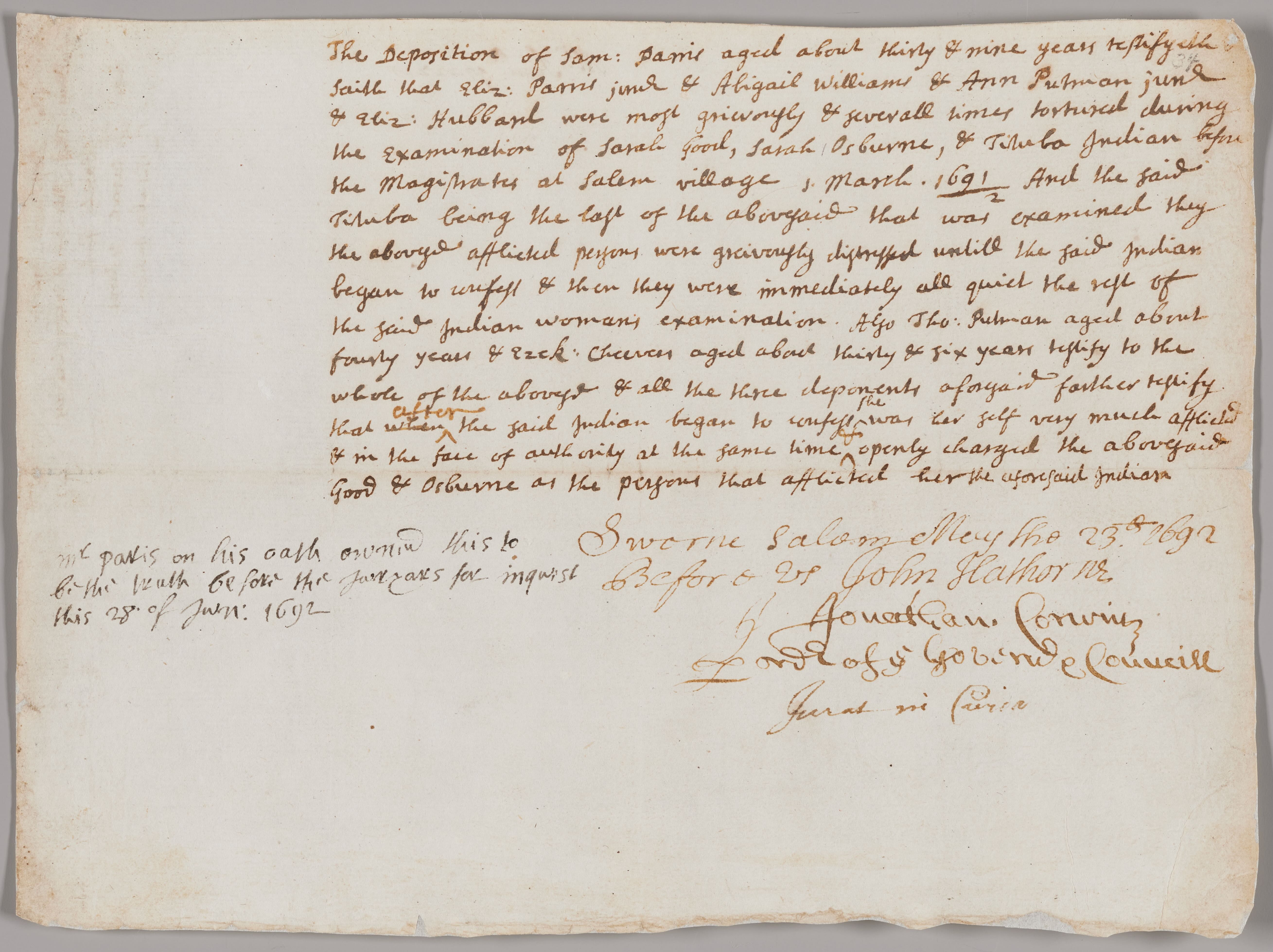 Deposition of Samuel Parris, Thomas Putnam, and Ezekiel Cheever v. Sarah Good, Sarah Osborne, and Tituba