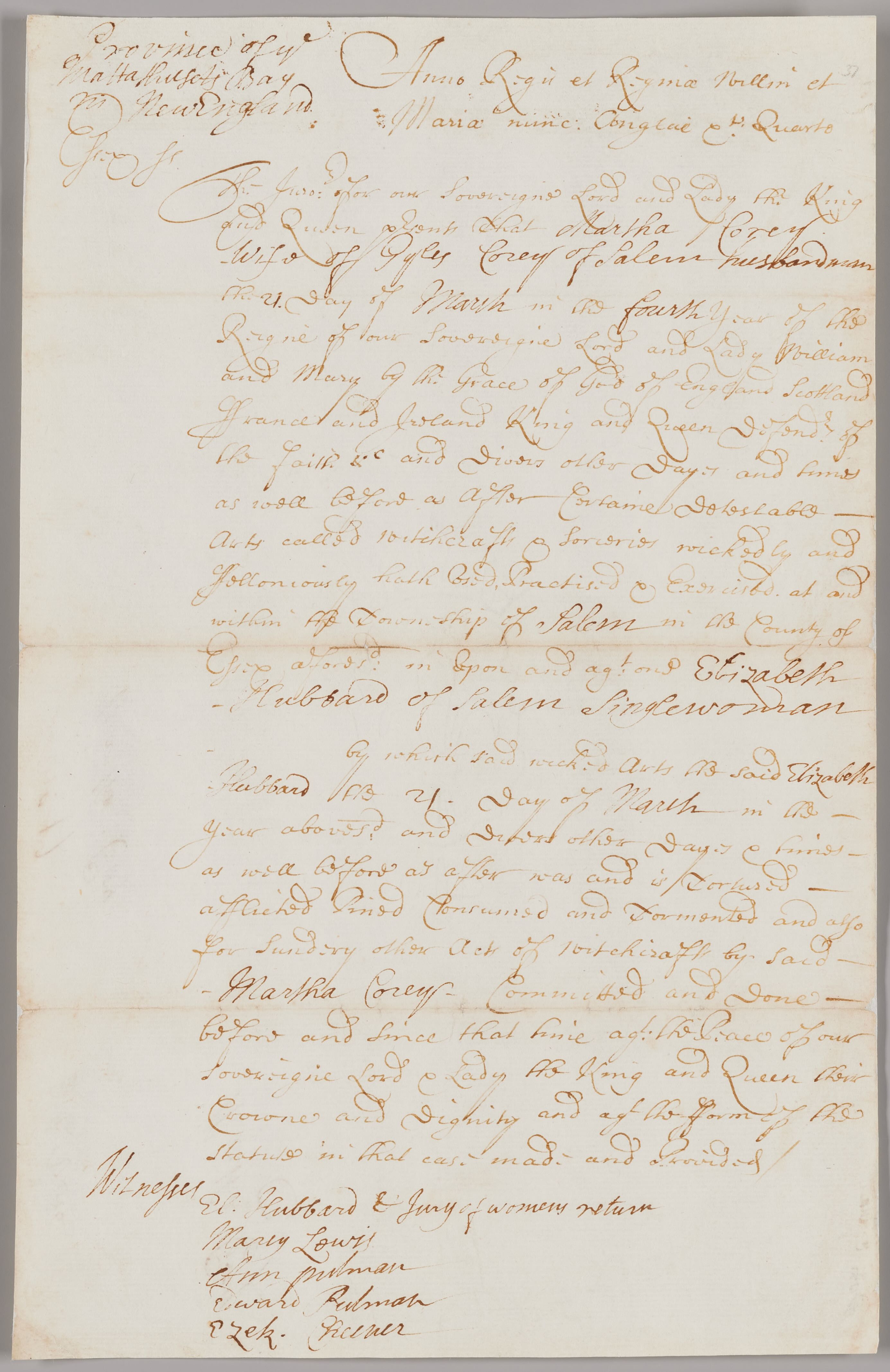 Indictment No. 1 of Martha Corey for afflicting Elizabeth Hubbard