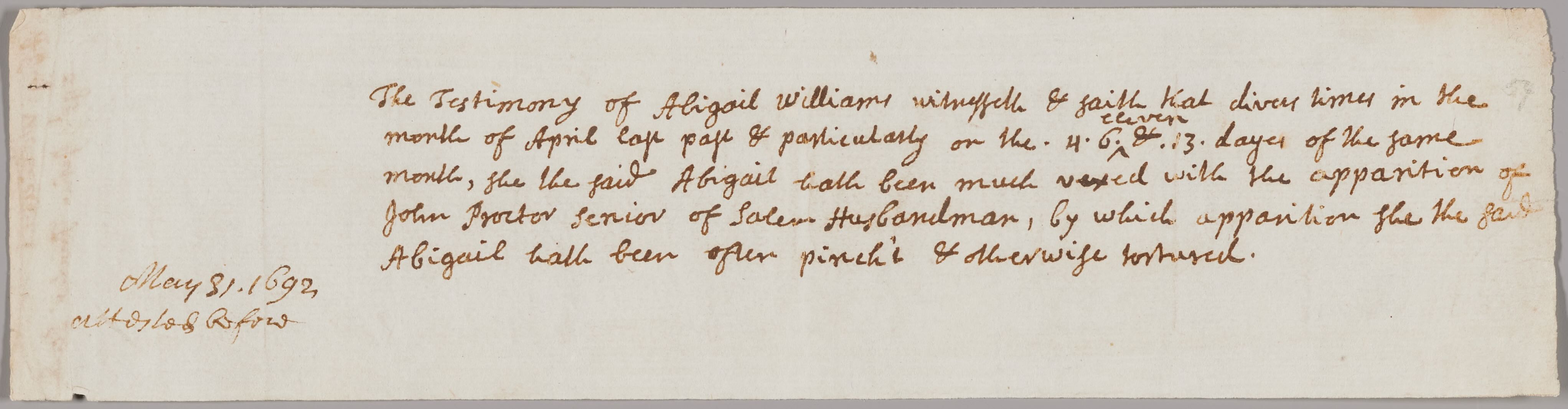 Testimony of Abigail Williams v. John Proctor