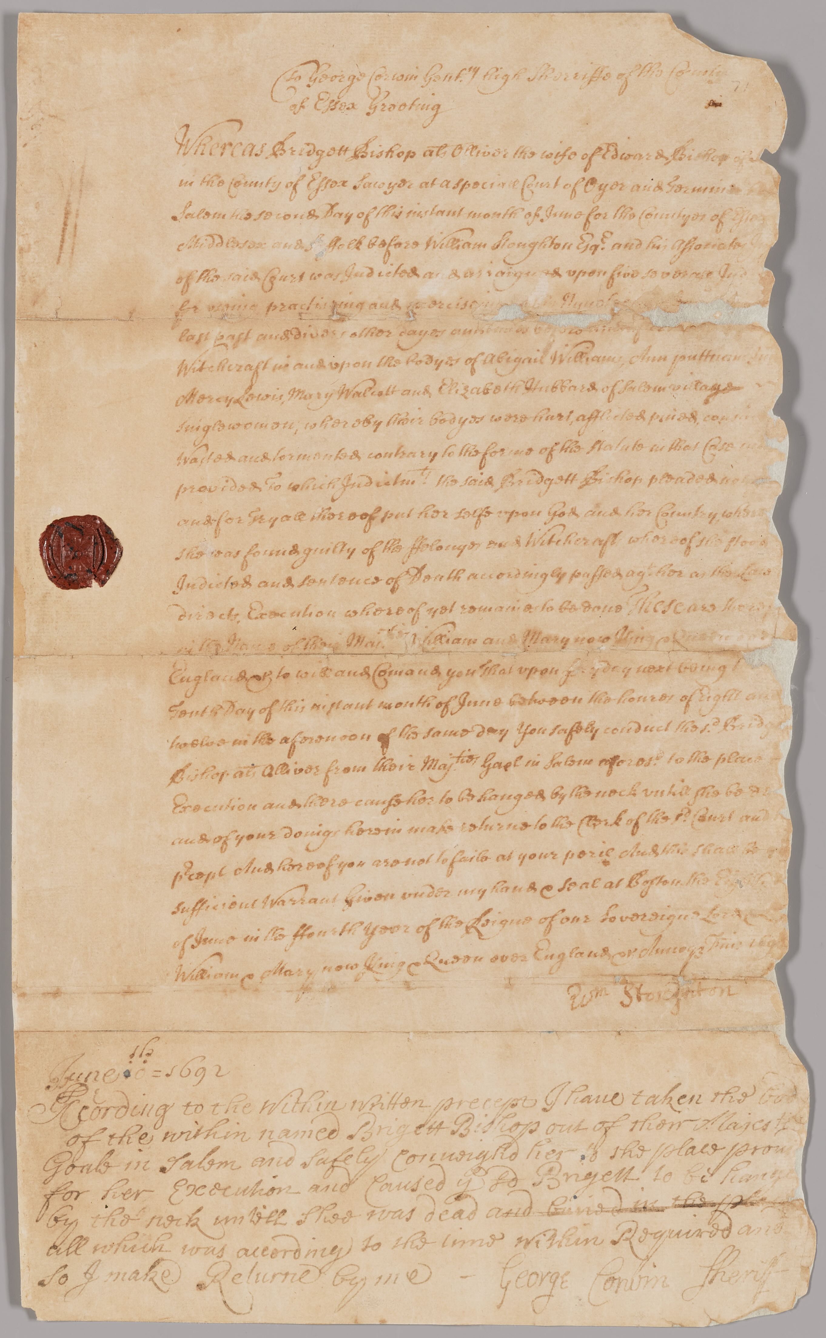 Warrant for the execution of Bridget Bishop, and officer's return