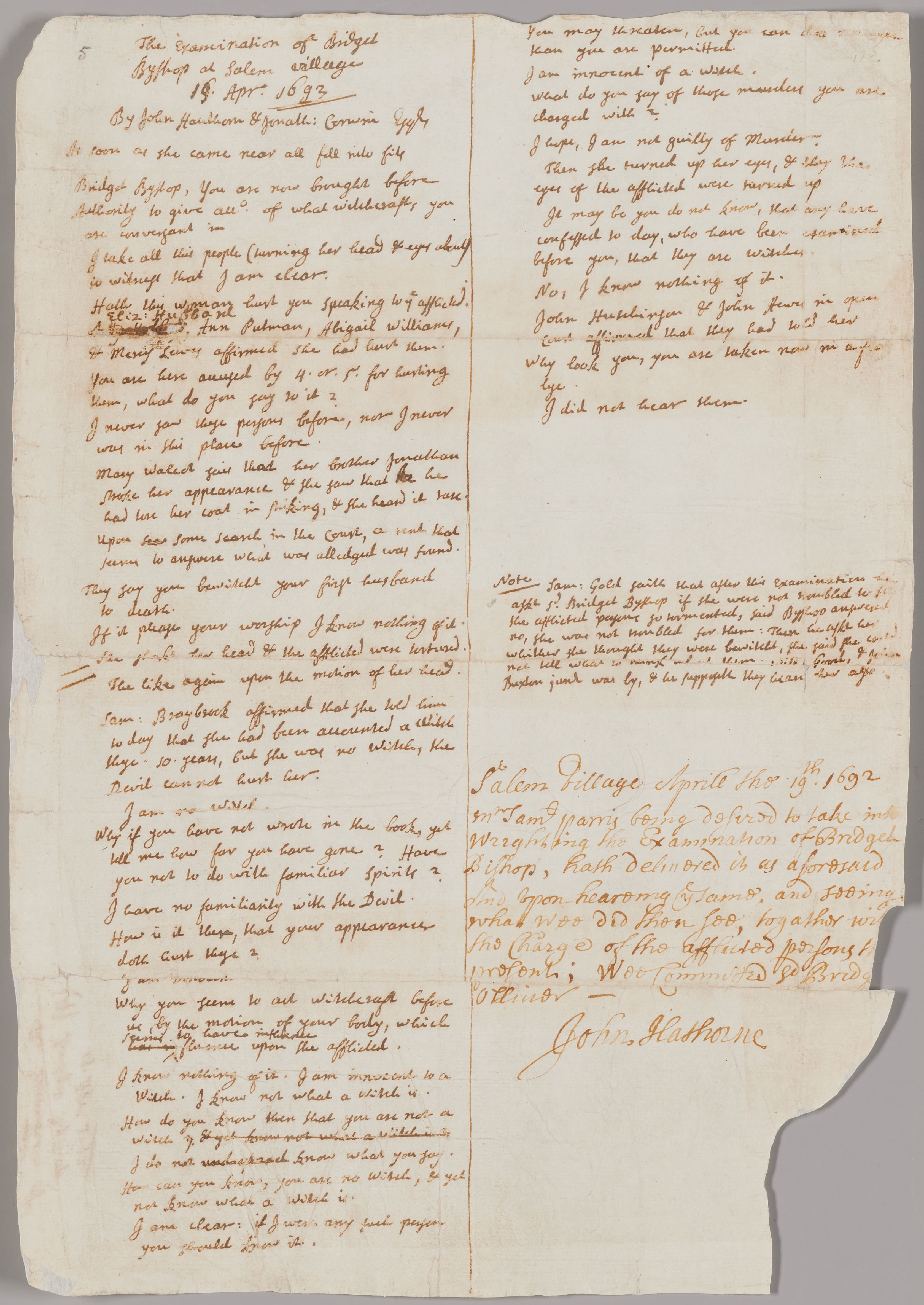 Examination of Bridget Bishop, as recorded by Samuel Parris